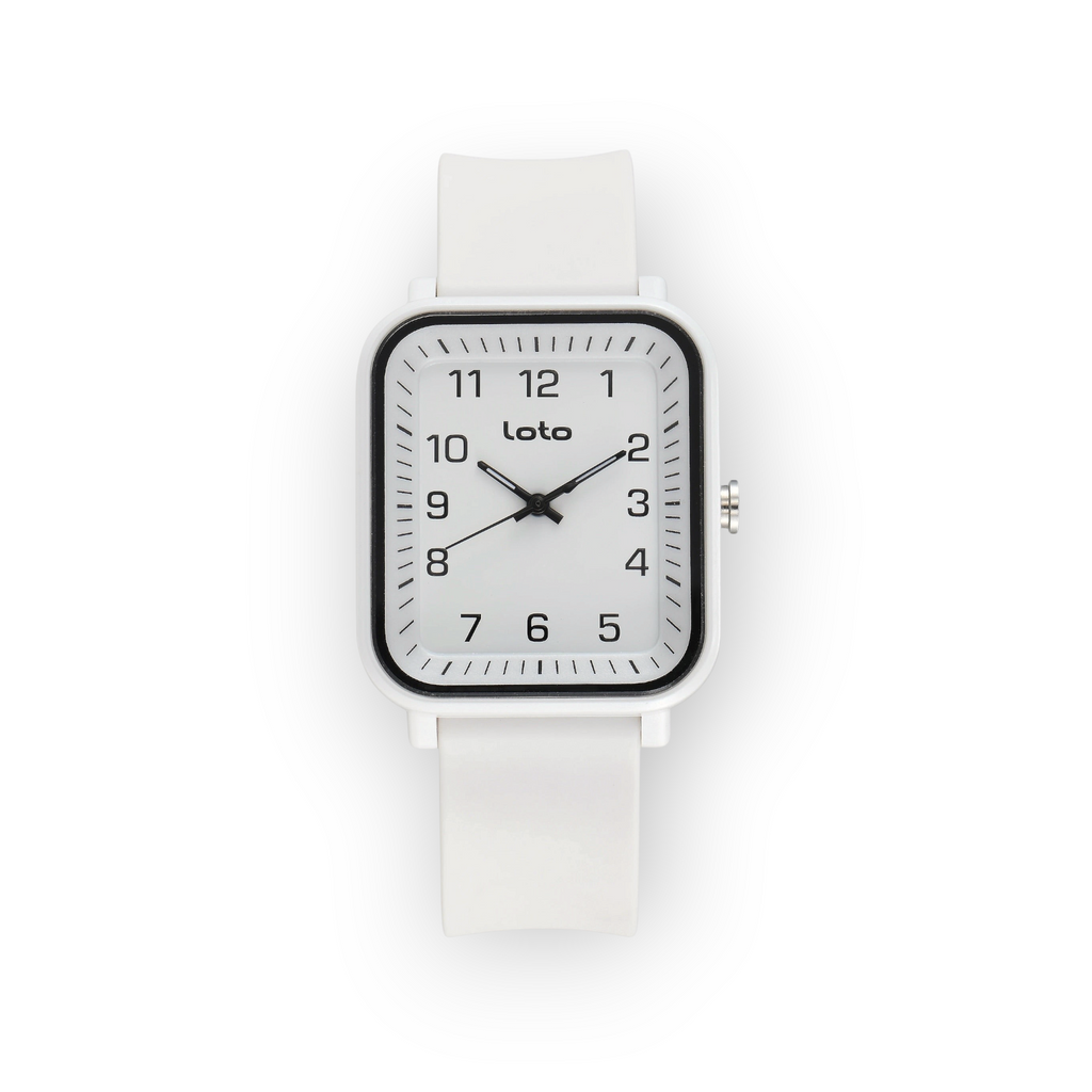Reloj LOTO COMPANY Orvanex 2603 con caja rectangular blanca, esfera minimalista y correa de silicona a juego