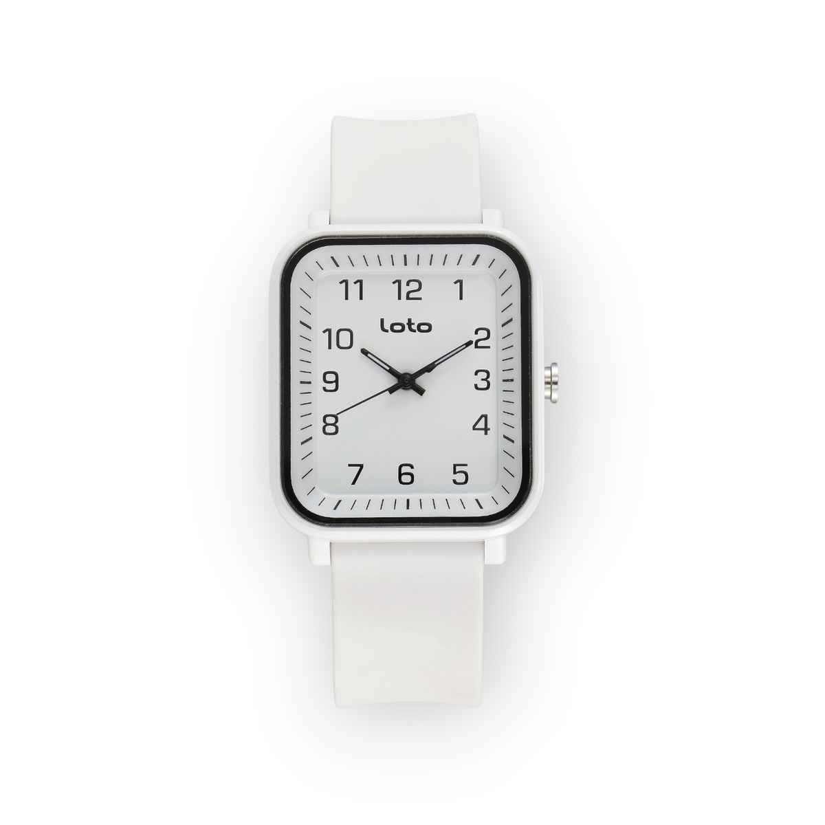 Reloj LOTO COMPANY Orvanex 2603 con caja rectangular blanca, esfera minimalista y correa de silicona a juego