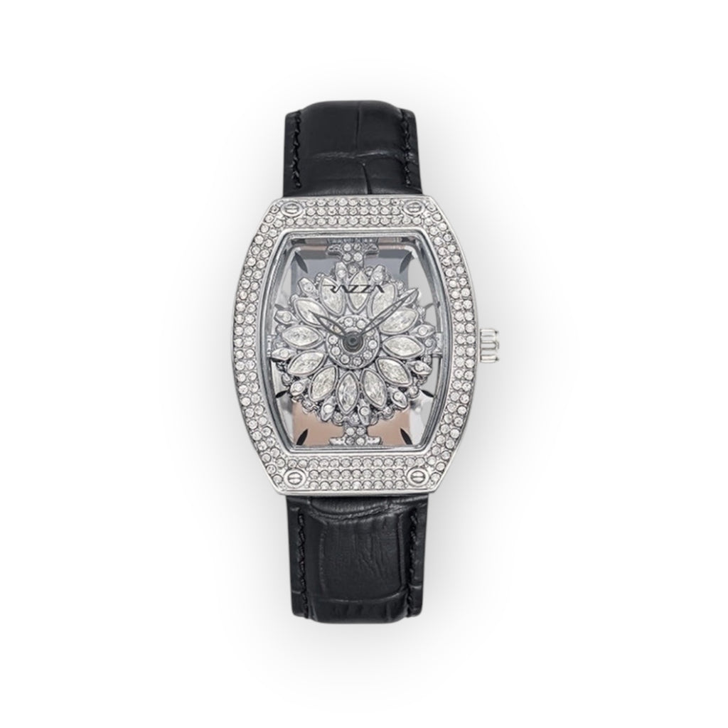 Reloj LOTO COMPANY BLOOM 31100 con esfera floral, bisel de cristales y correa de piel negra efecto cocodrilo.
