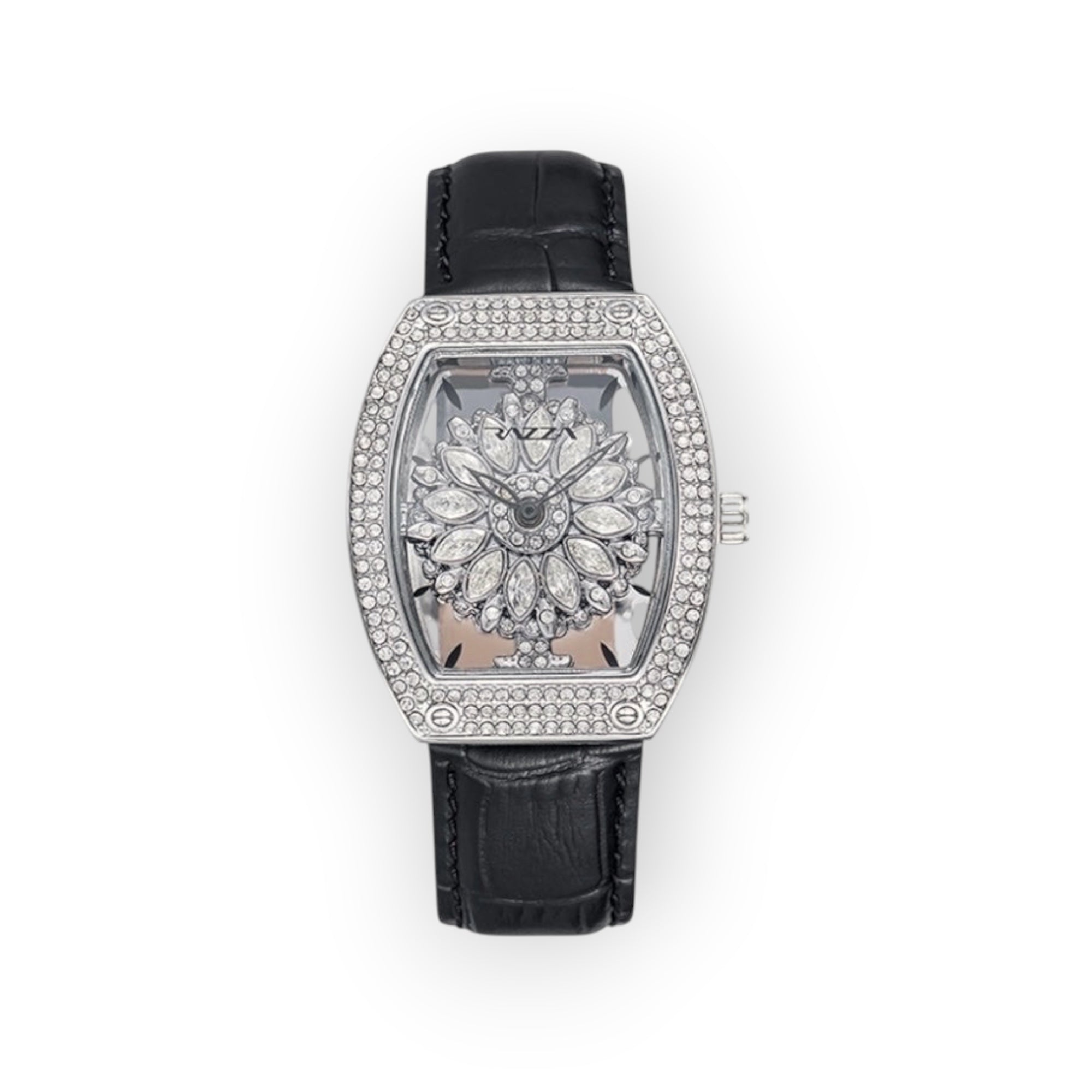 Reloj LOTO COMPANY BLOOM 31100 con esfera floral, bisel de cristales y correa de piel negra efecto cocodrilo.