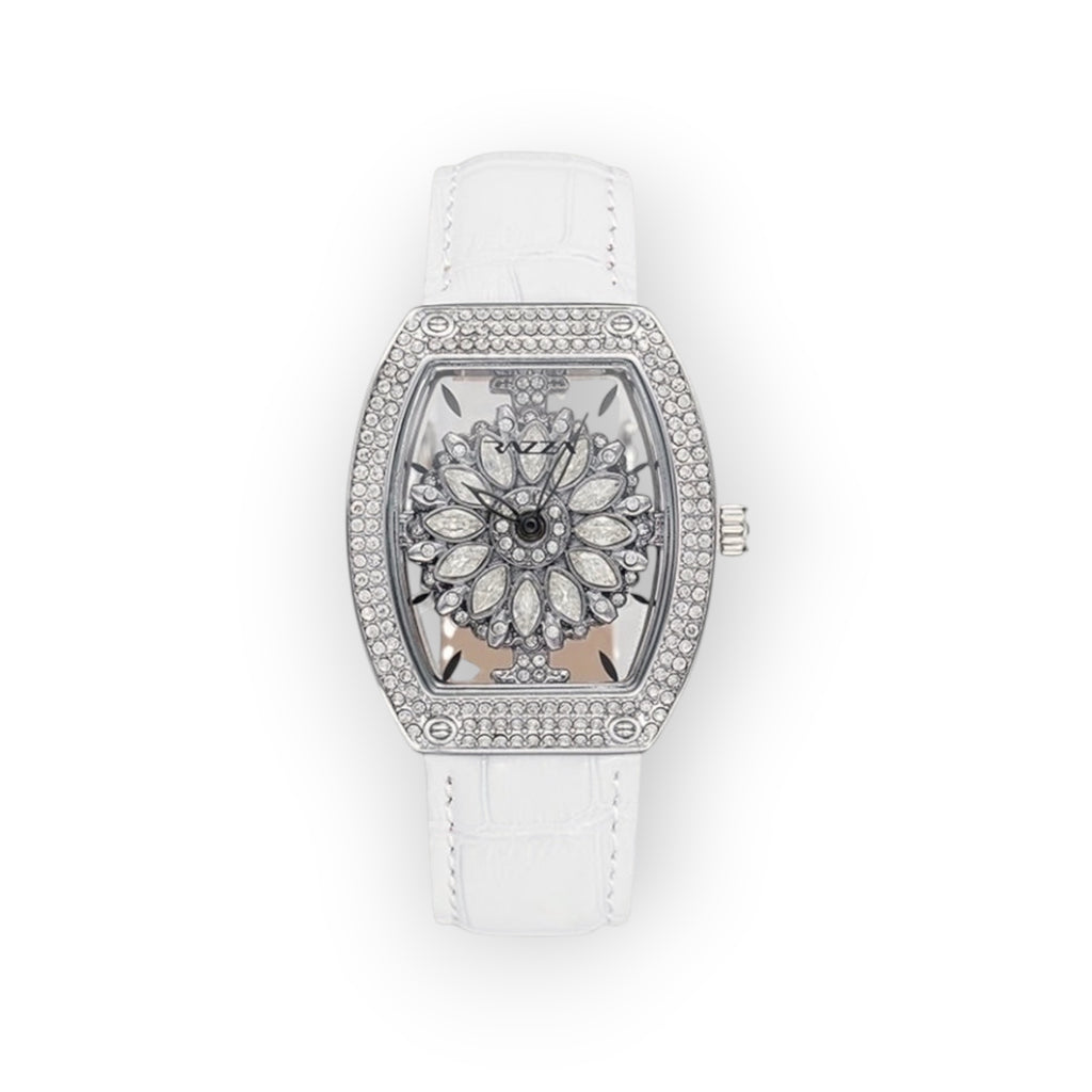 Reloj LOTO COMPANY BLOOM 31100 con esfera floral, bisel de cristales y correa de piel blanca efecto cocodrilo.