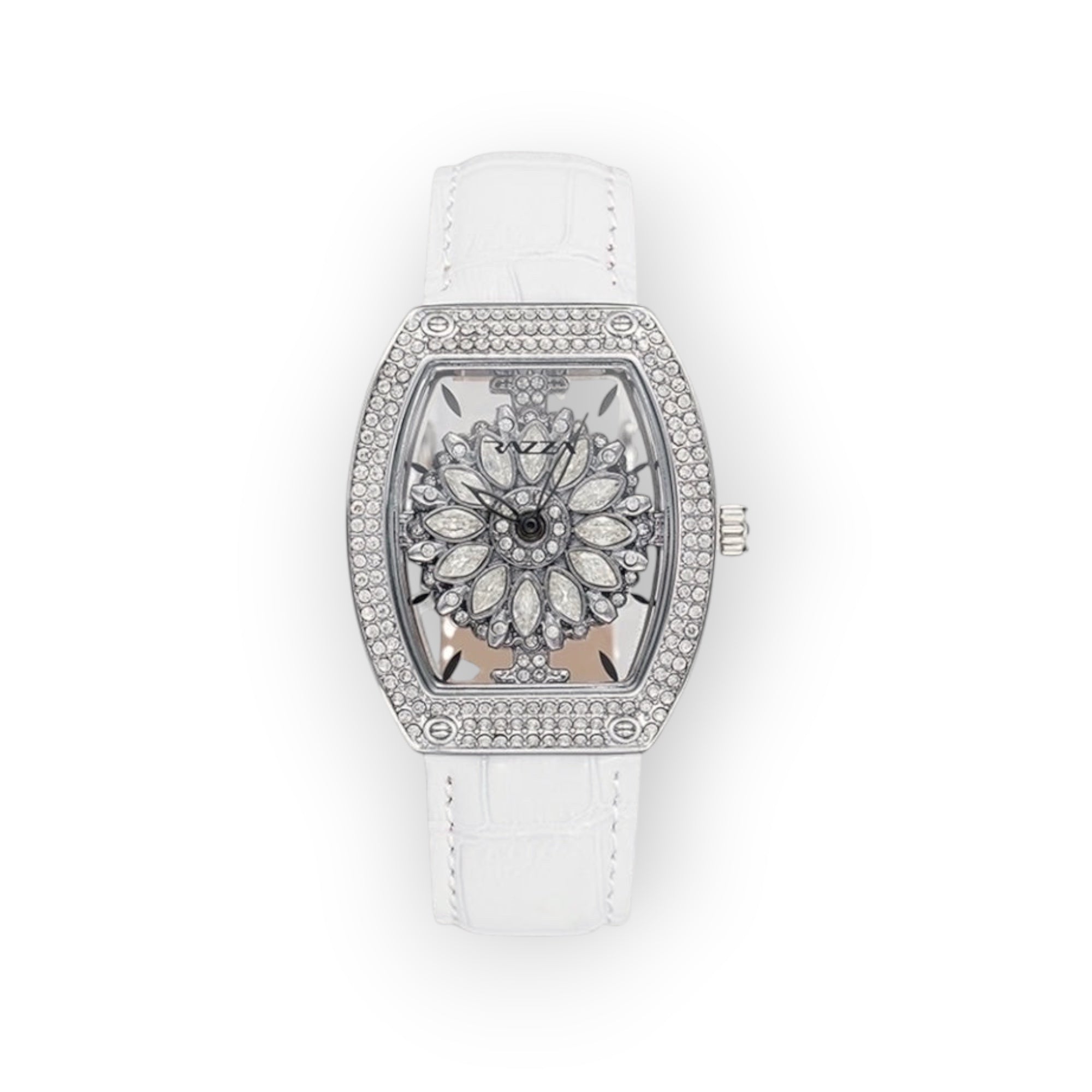 Reloj LOTO COMPANY BLOOM 31100 con esfera floral, bisel de cristales y correa de piel blanca efecto cocodrilo.