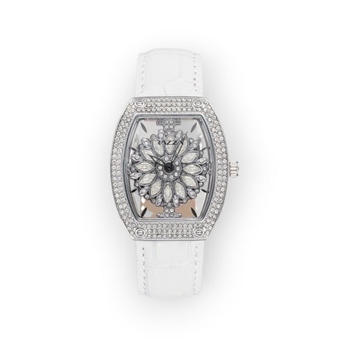 Reloj LOTO COMPANY BLOOM 31100 con esfera floral, bisel de cristales y correa de piel blanca efecto cocodrilo.
