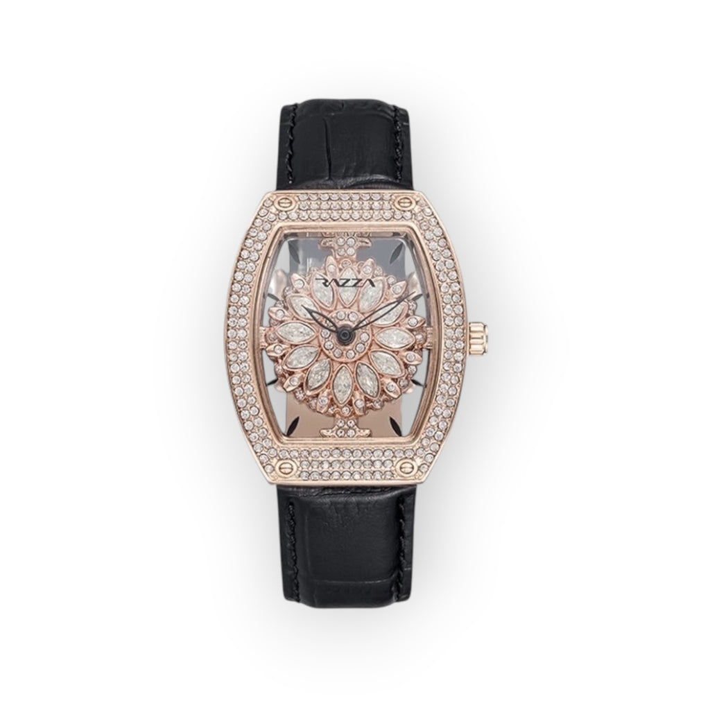 Reloj LOTO COMPANY BLOOM con esfera floral, bisel de cristales brillantes y correa de piel negra con textura.