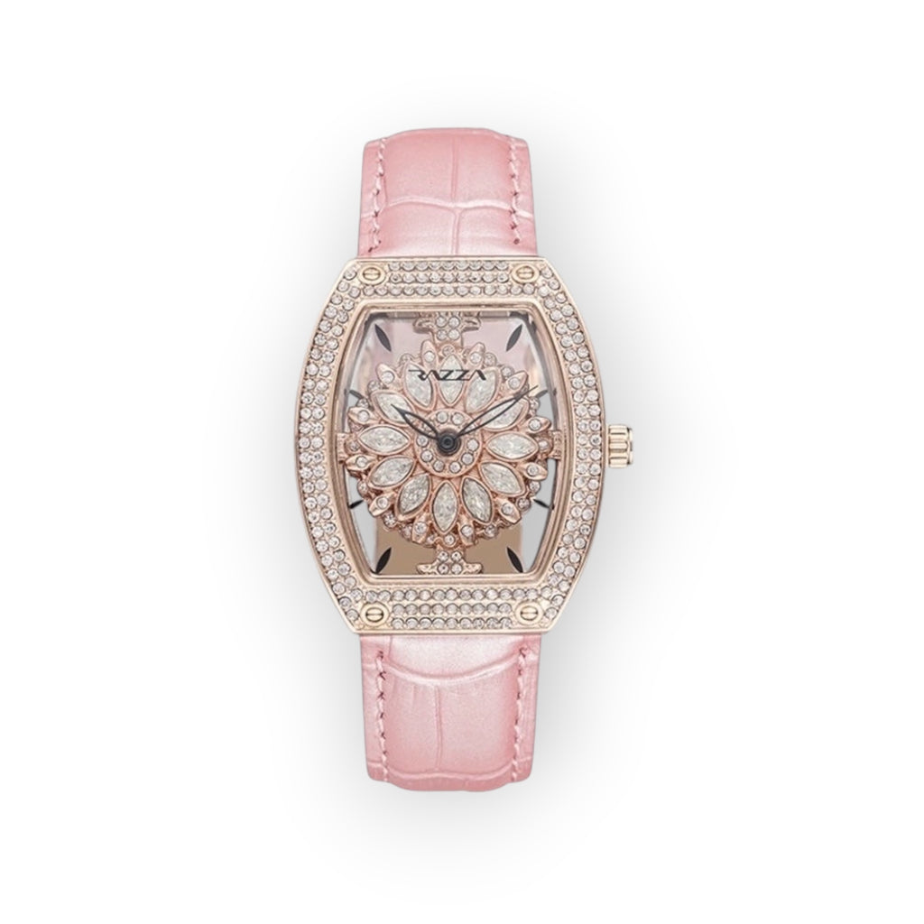 Reloj LOTO COMPANY BLOOM rosa con esfera floral, bisel de cristales y correa de piel con textura de cocodrilo.