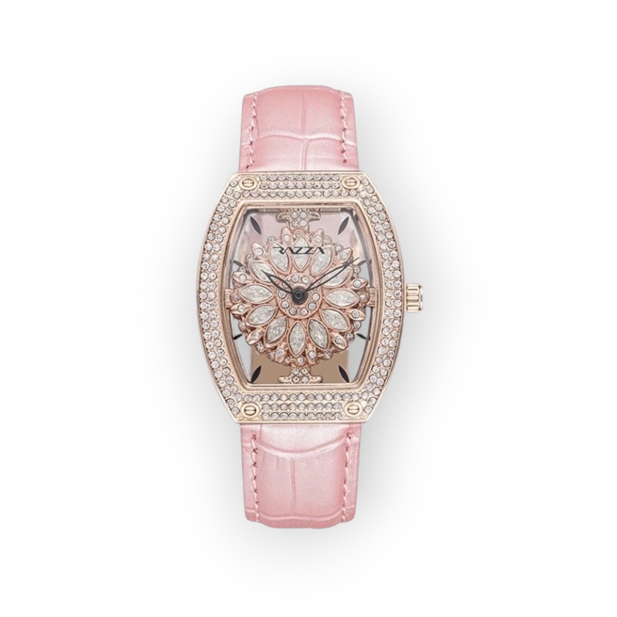 Reloj LOTO COMPANY BLOOM rosa con esfera floral, bisel de cristales y correa de piel con textura de cocodrilo.