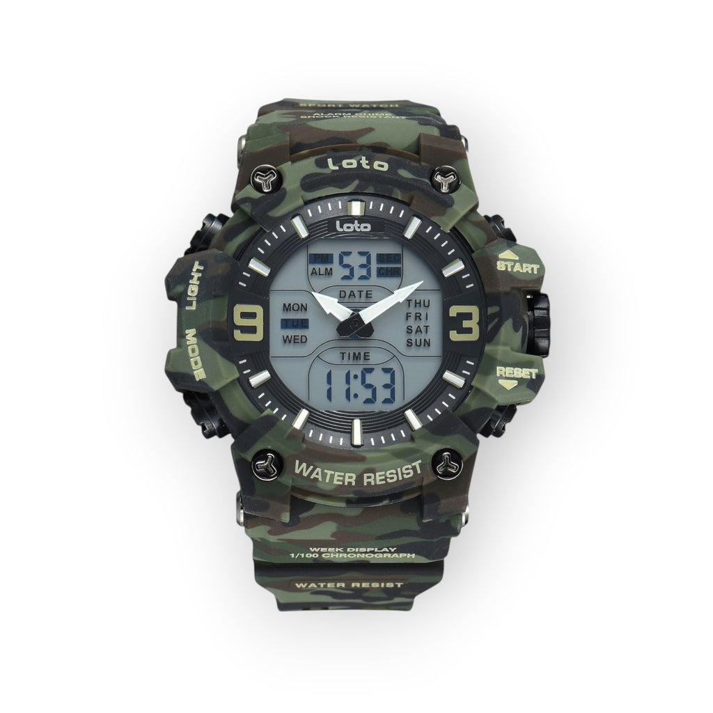 Reloj deportivo LOTO COMPANY NEMESIS 2569 con diseño de camuflaje, pantalla híbrida analógica-digital y correa de resina