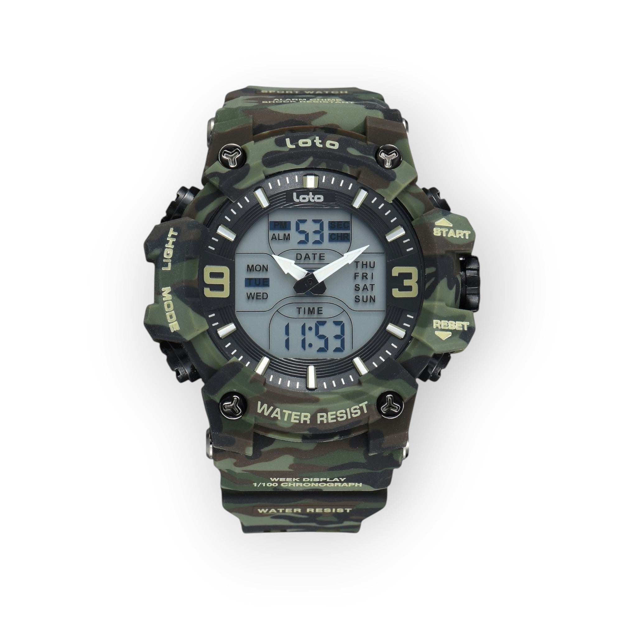 Reloj deportivo LOTO COMPANY NEMESIS 2569 con diseño de camuflaje, pantalla híbrida analógica-digital y correa de resina