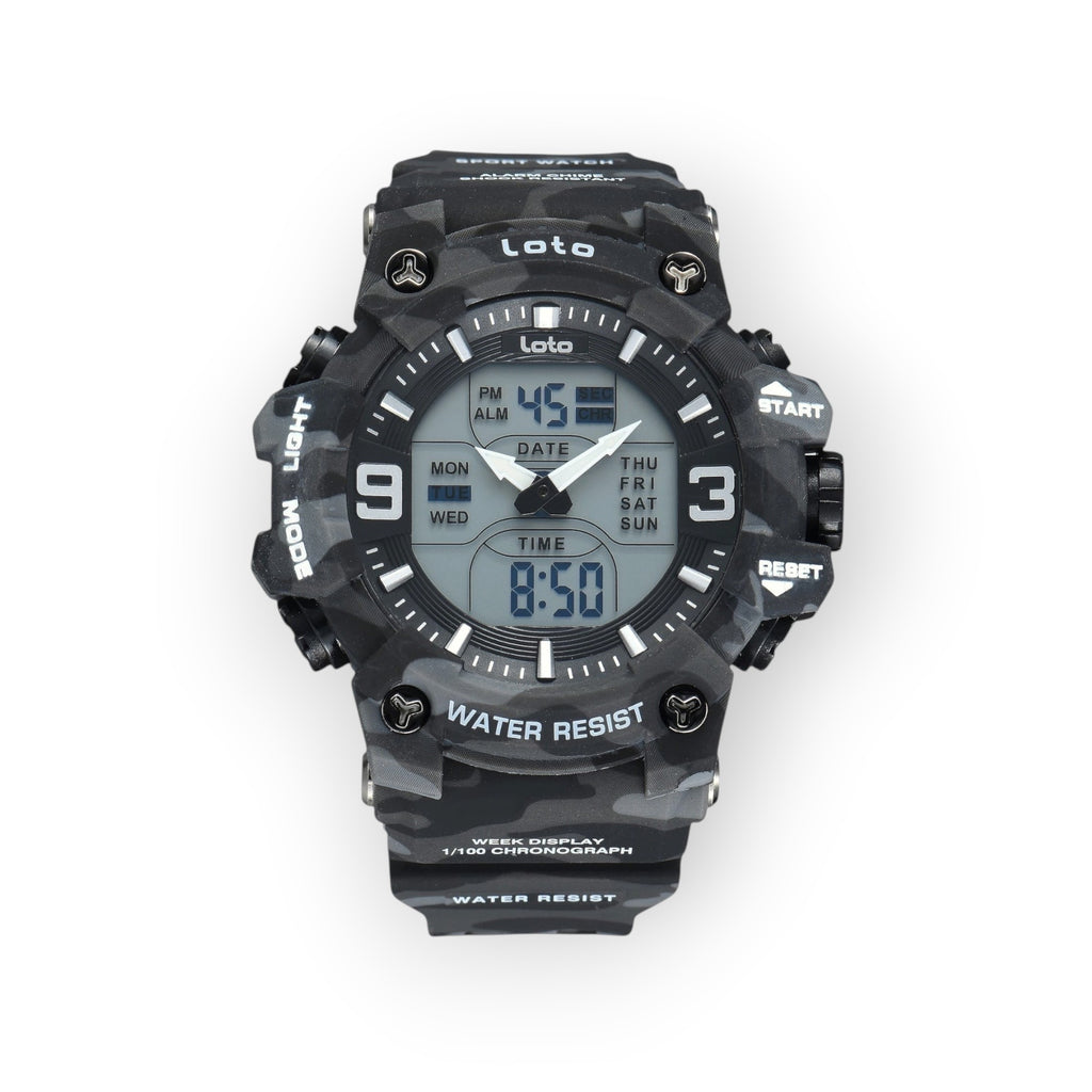 Reloj deportivo LOTO COMPANY NEMESIS con diseño de camuflaje, pantalla híbrida analógica-digital y correa de resina.