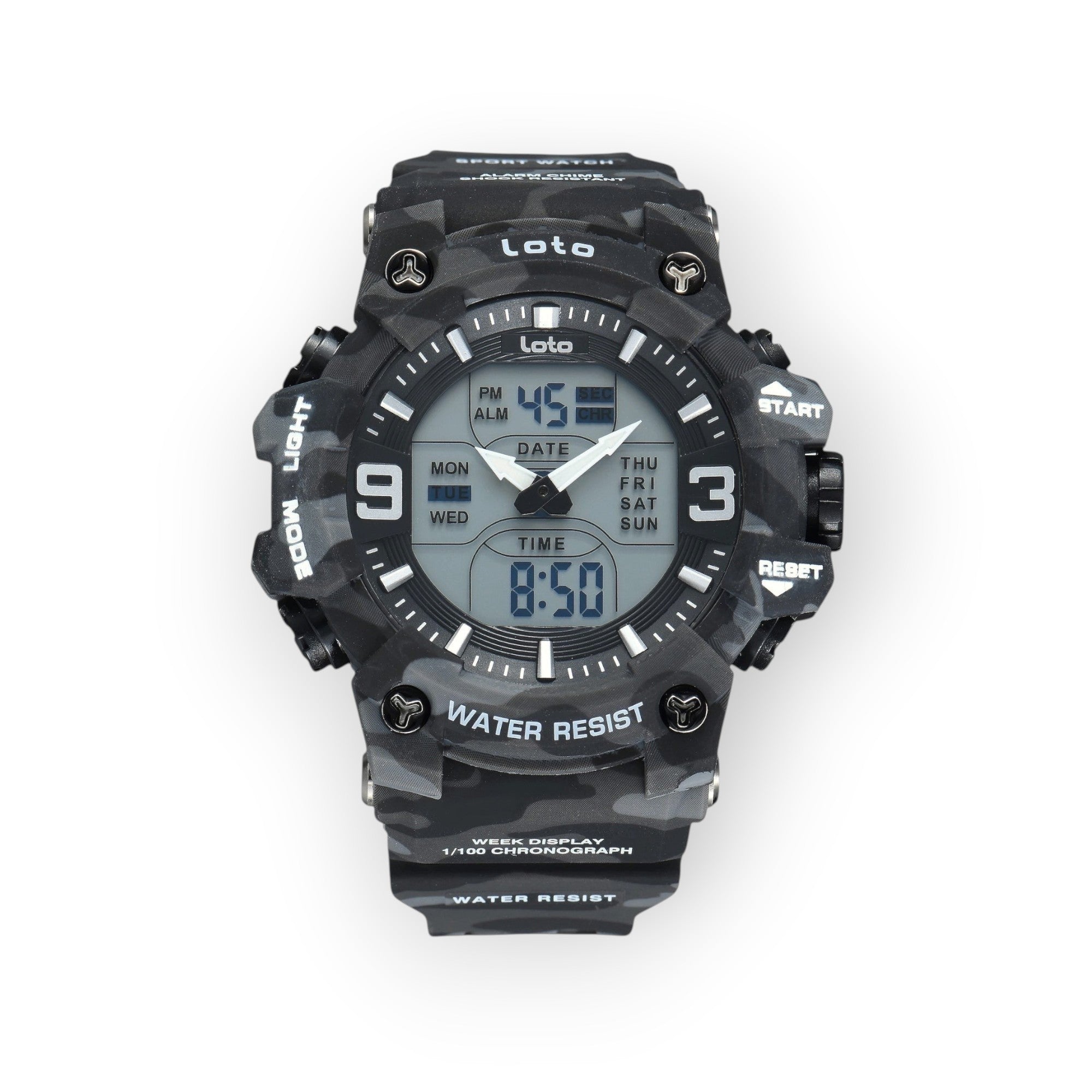Reloj deportivo LOTO COMPANY NEMESIS con diseño de camuflaje, pantalla híbrida analógica-digital y correa de resina.