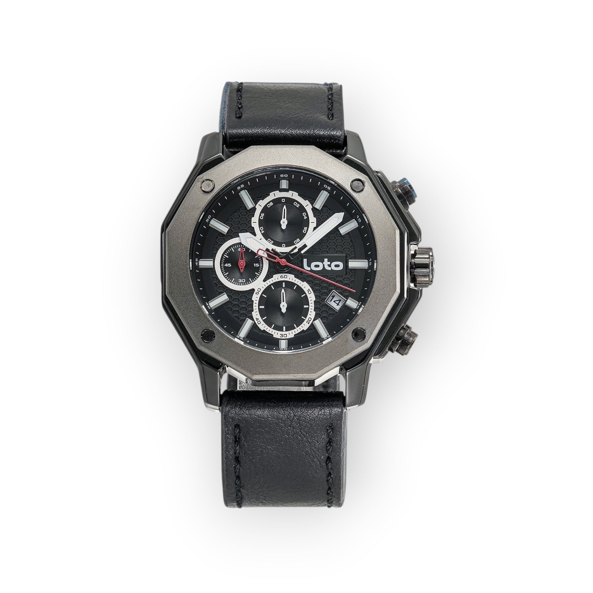 Reloj cronógrafo LOTO COMPANY de acero inoxidable gris oscuro con esfera negra, correa de cuero azul marino y detalles plateados y rojos. Funciones de cronógrafo y fecha.