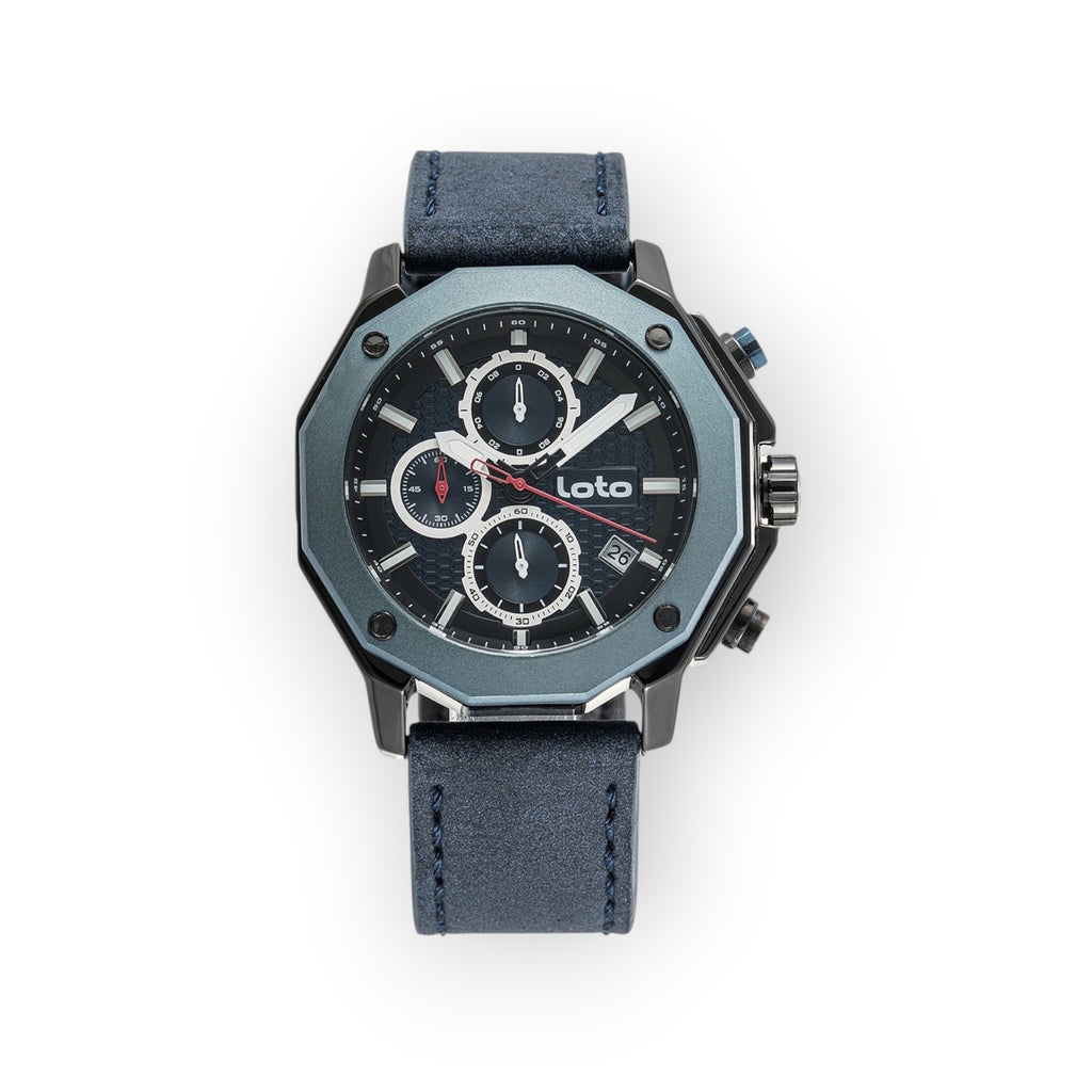 Reloj cronógrafo LOTO COMPANY octogonal de acero inoxidable gris oscuro con correa de cuero azul marino y esfera negra.