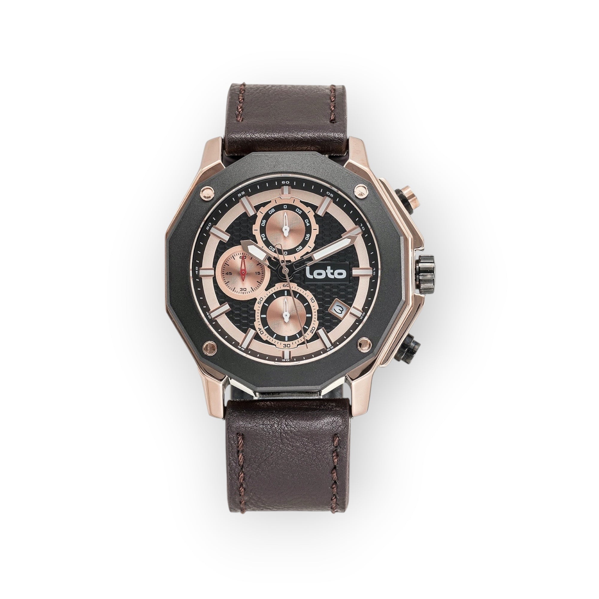 Reloj cronógrafo LOTO COMPANY octogonal de acero inoxidable gris oscuro con esfera negra, detalles plateados y rojos, y correa de cuero azul marino.