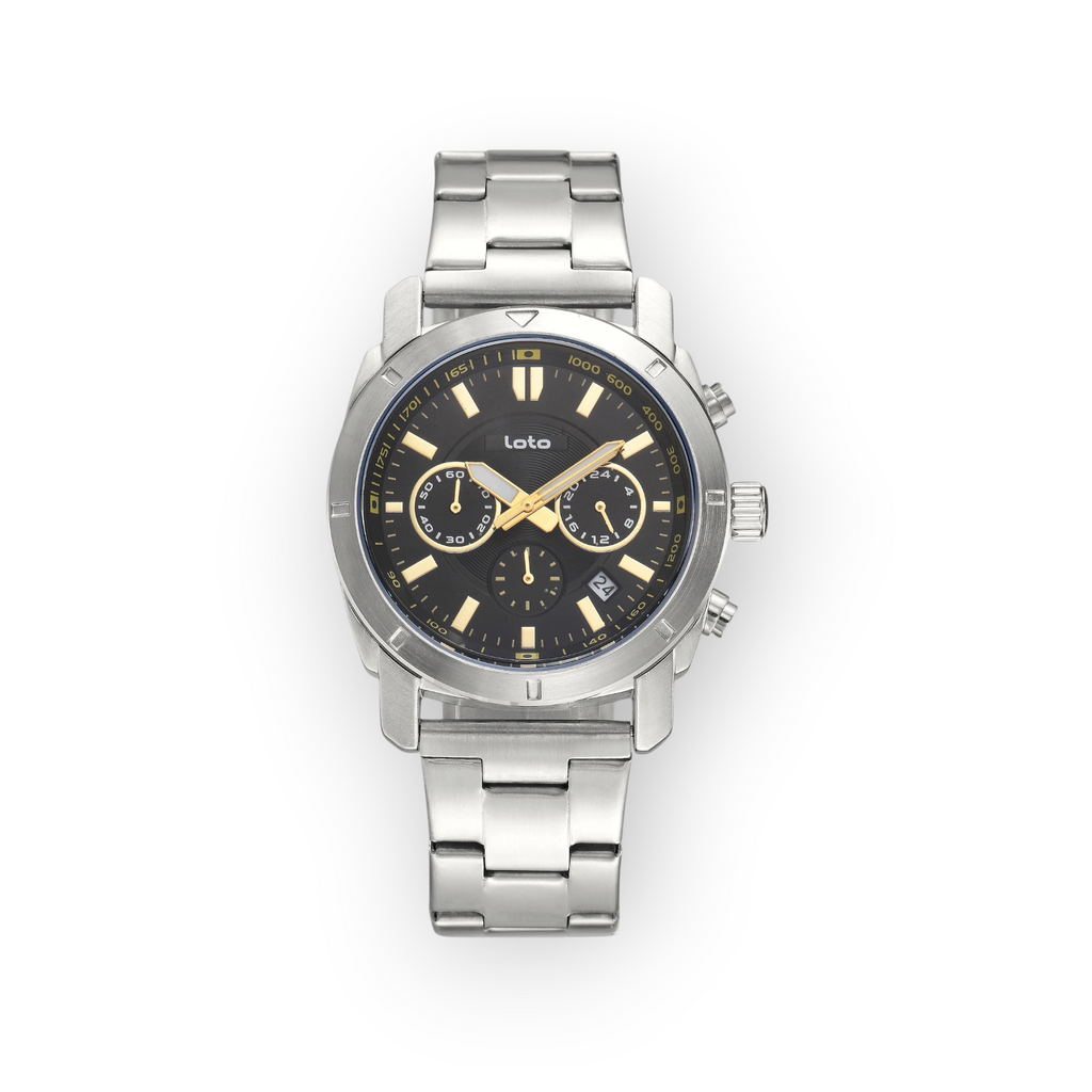 Reloj cronógrafo LOTO COMPANY DREZVAN 2602 con correa de acero inoxidable plateado y esfera negra con detalles dorados