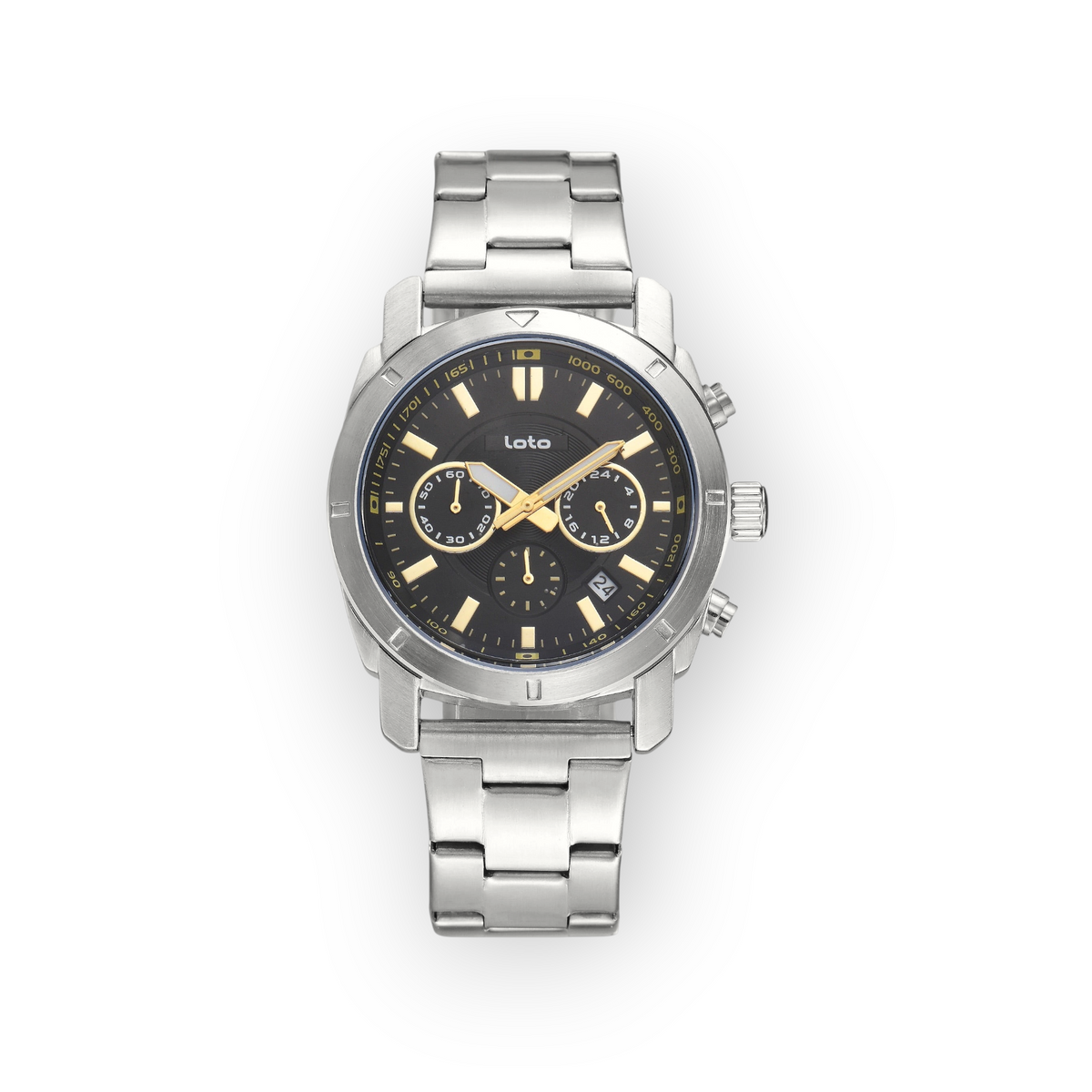 Reloj cronógrafo LOTO COMPANY DREZVAN 2602 con correa de acero inoxidable plateado y esfera negra con detalles dorados