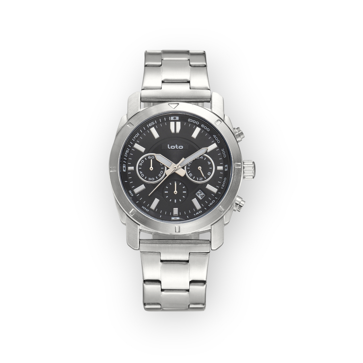Reloj cronógrafo LOTO COMPANY DREZVAN 2602 con esfera negra, caja y correa de acero inoxidable plateado