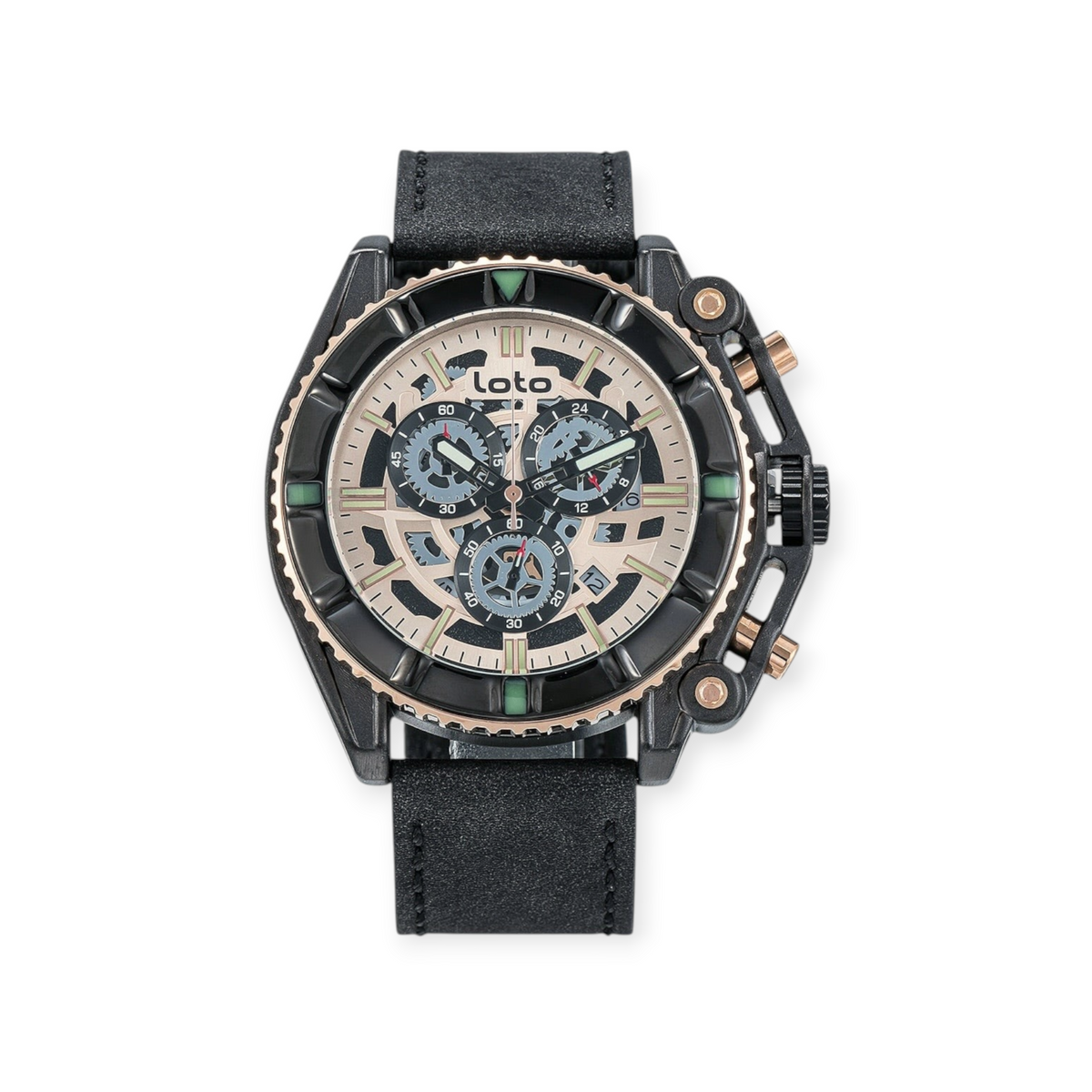 Reloj cronógrafo LOTO COMPANY Arkon 2419 con caja negra, esfera beige, detalles en oro rosa y correa de cuero negro.