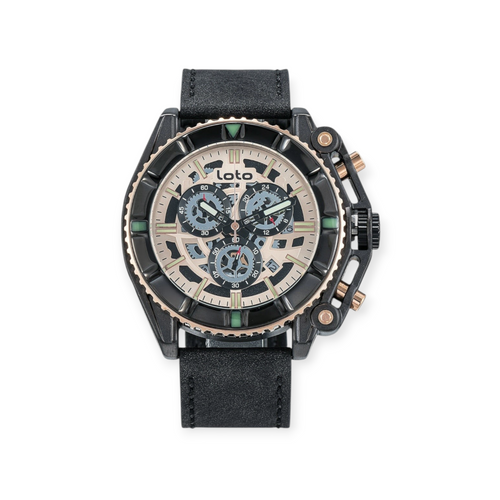 Reloj cronógrafo LOTO COMPANY Arkon 2419 con caja negra, esfera beige, detalles en oro rosa y correa de cuero negro.