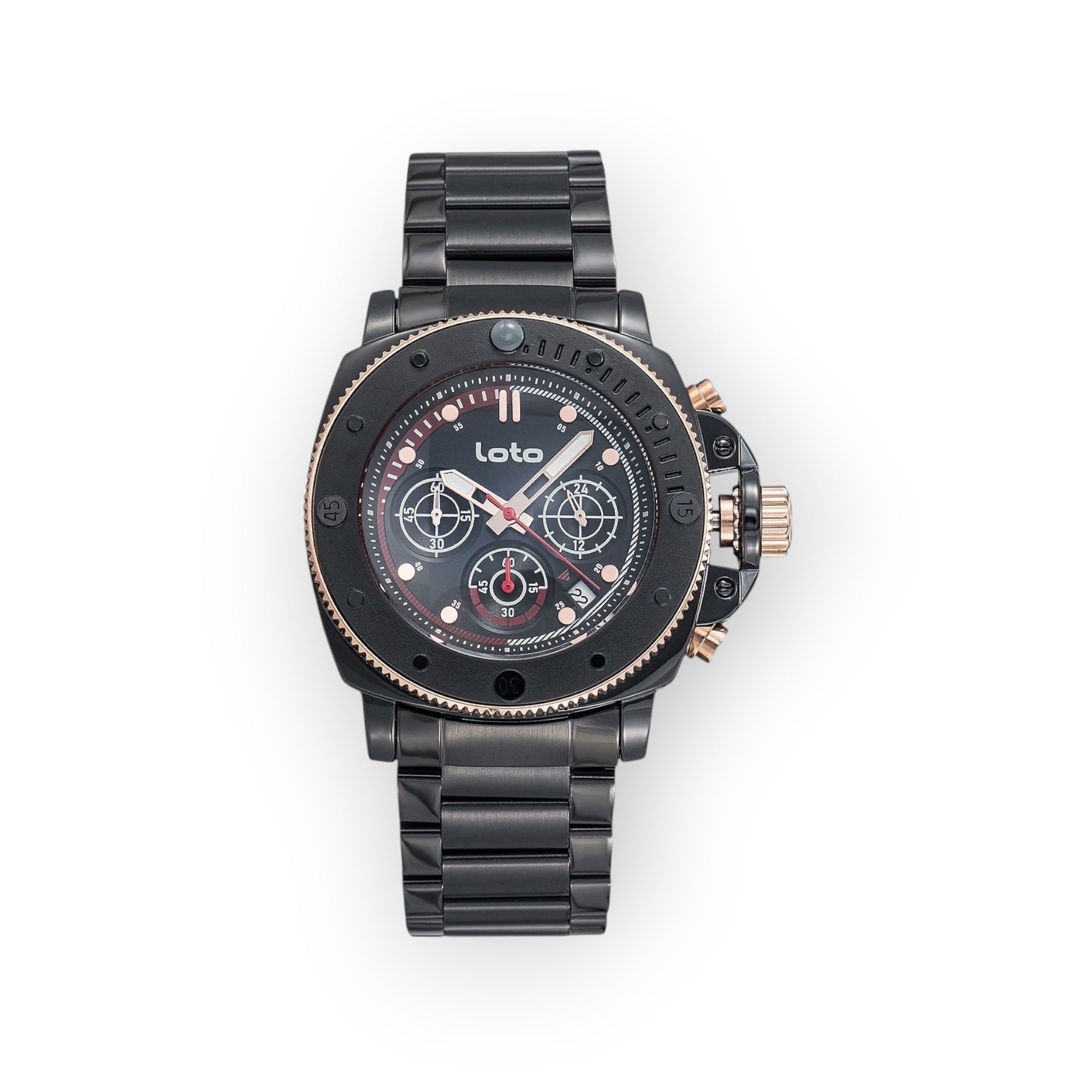 Reloj cronógrafo LOTO COMPANY ARMOR 2534 de acero inoxidable negro con detalles en oro rosa y esfera técnica robusta.