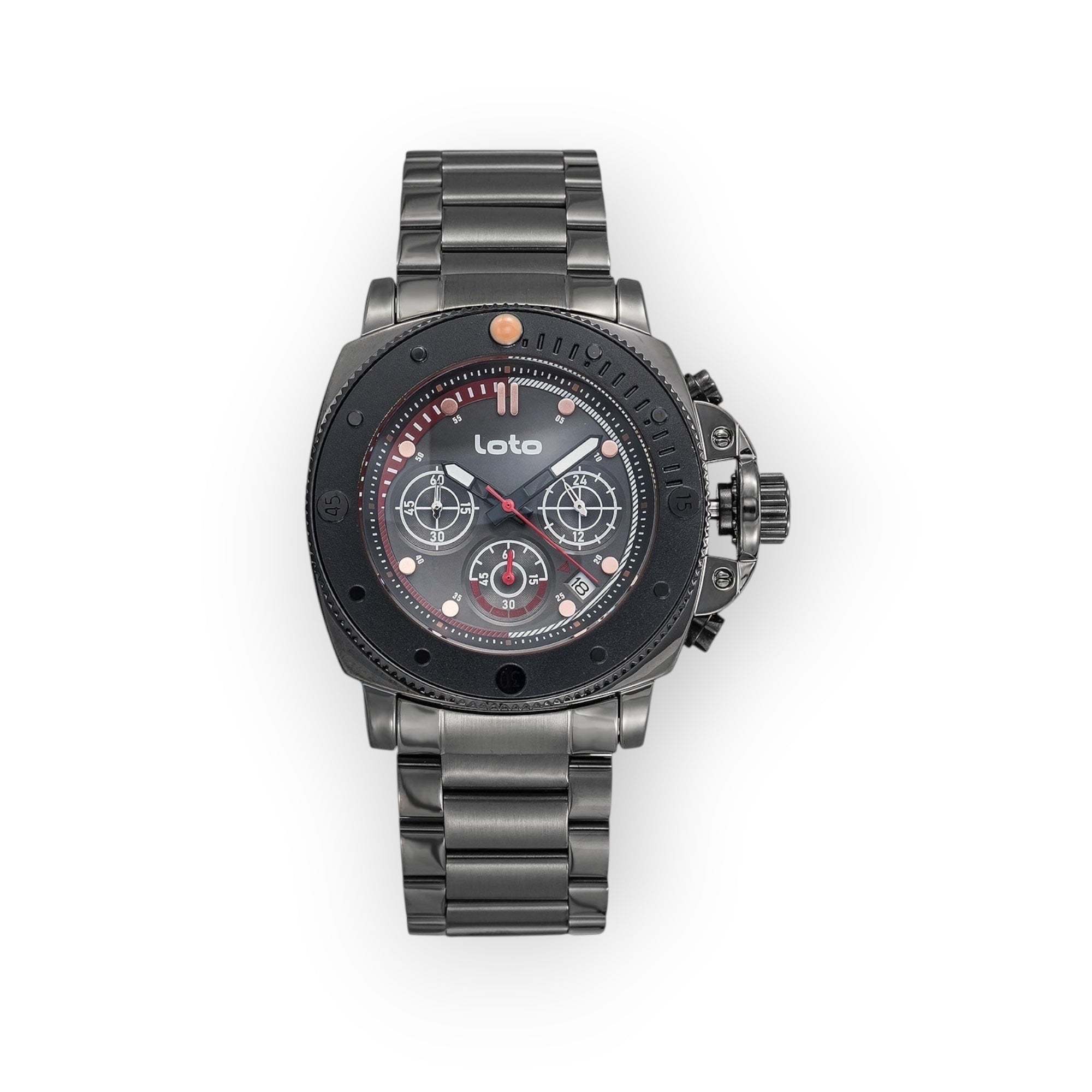 Reloj cronógrafo LOTO COMPANY ARMOR 2534 de acero inoxidable gris oscuro con esfera técnica y diseño robusto.