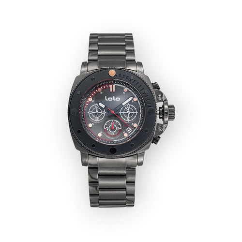 Reloj cronógrafo LOTO COMPANY ARMOR 2534 de acero inoxidable gris oscuro con esfera técnica y diseño robusto.