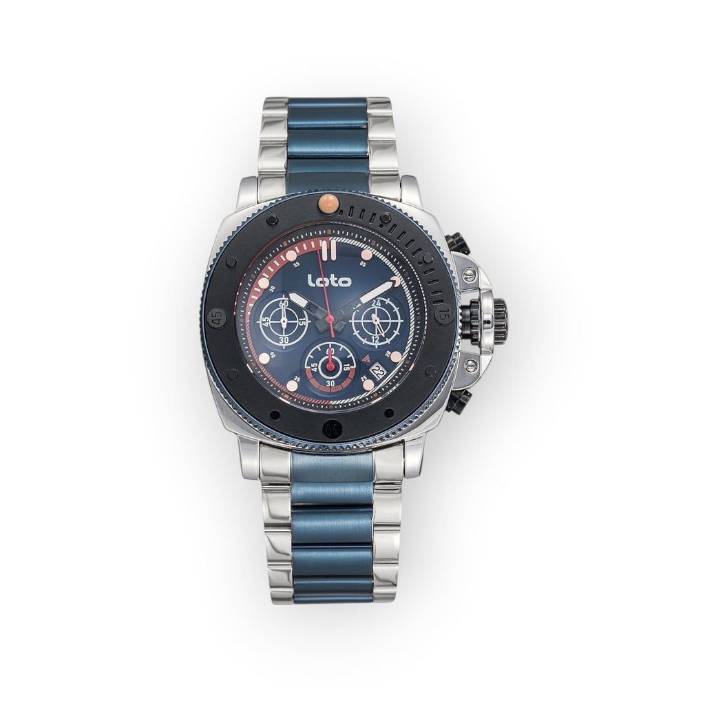 Reloj cronógrafo LOTO COMPANY ARMOR 2534 de acero inoxidable con esfera azul, bisel negro y brazalete metálico.