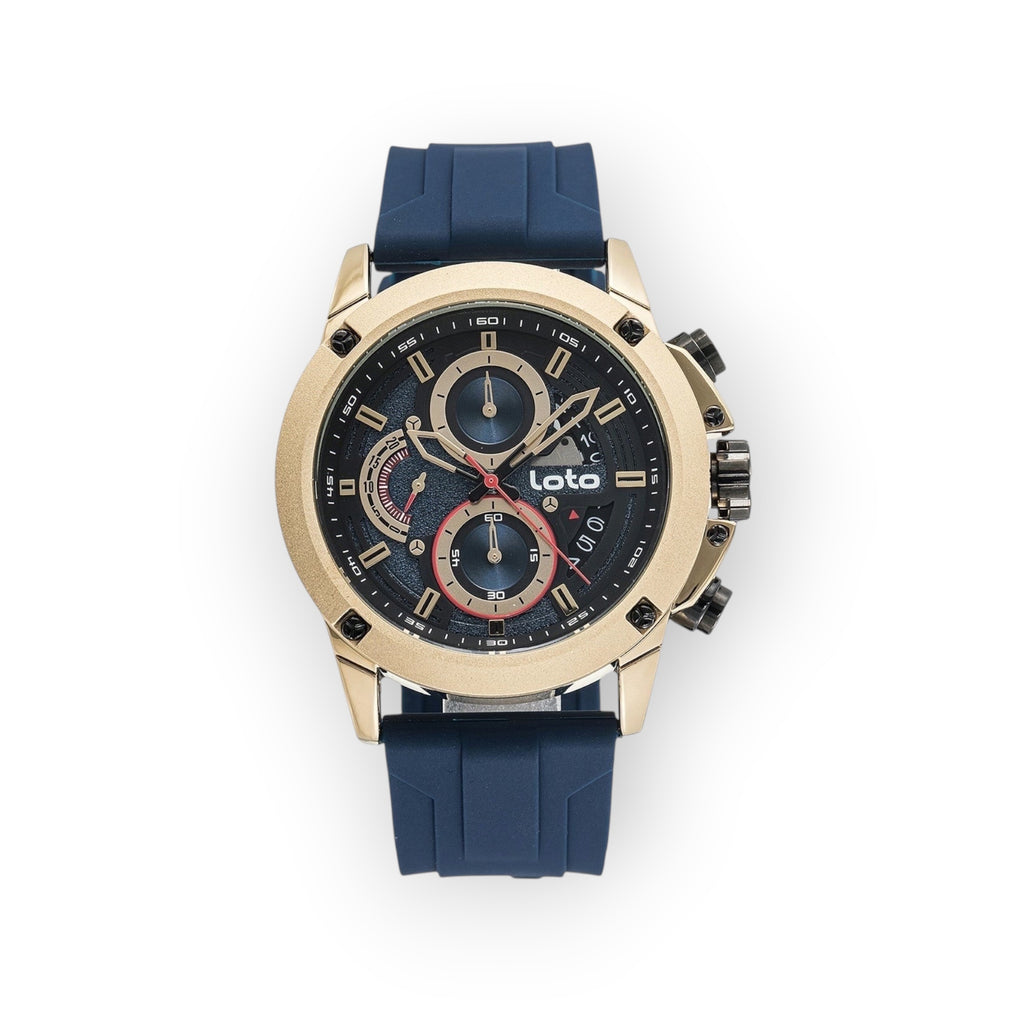 Reloj cronógrafo LOTO COMPANY Speed de plástico azul y dorado con subesferas decorativas y correa de silicona.