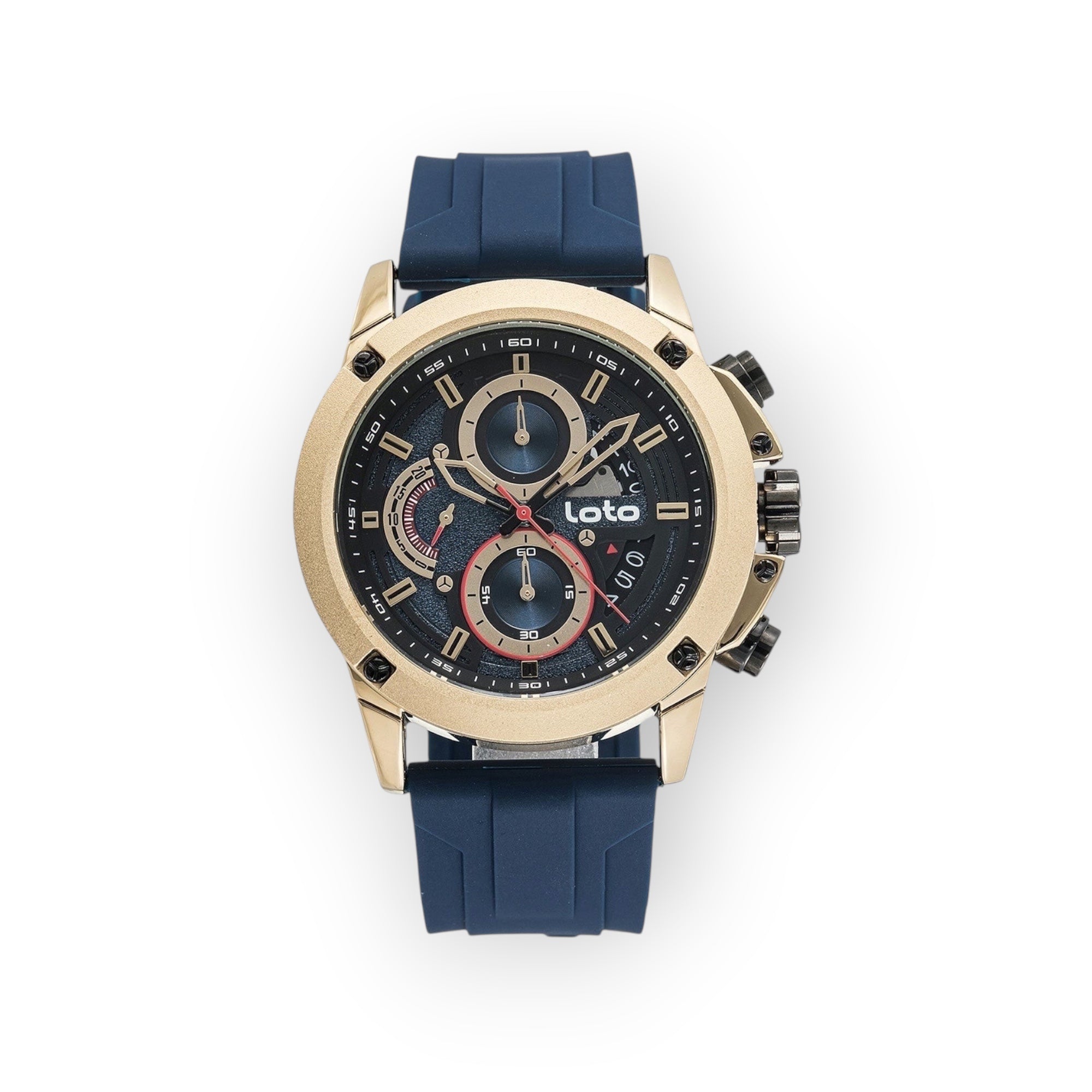 Reloj cronógrafo LOTO COMPANY Speed de plástico azul y dorado con subesferas decorativas y correa de silicona.