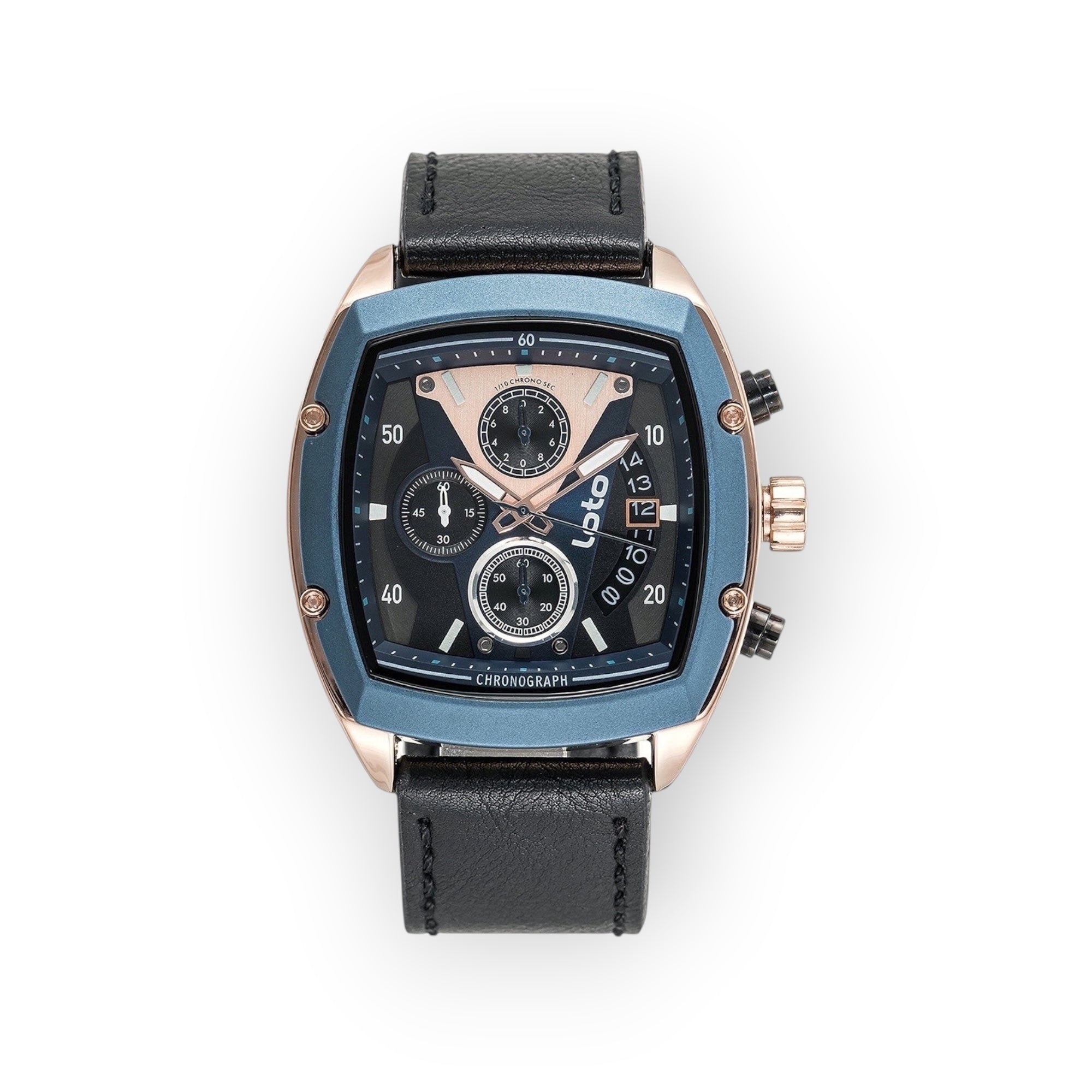 Reloj LOTO COMPANY Loto Apex cronógrafo de cuero negro con caja azul y detalles dorados, esfera negra con subesferas.