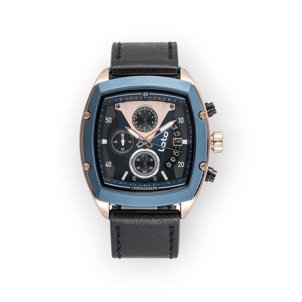 Reloj LOTO COMPANY Loto Apex cronógrafo de cuero negro con caja azul y detalles dorados, esfera negra con subesferas.