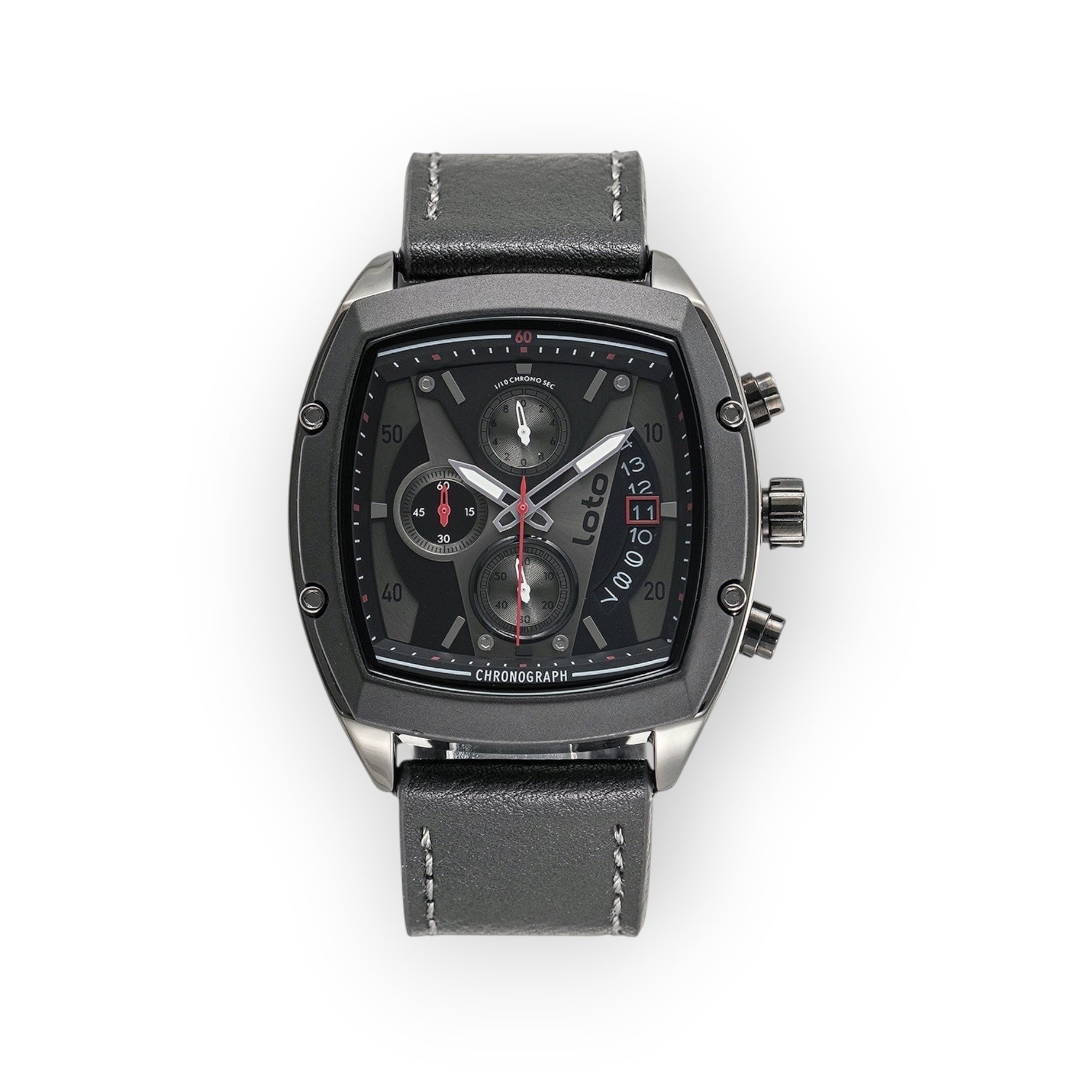Reloj cronógrafo LOTO COMPANY Loto Apex de cuero negro con caja gris y esfera negra con detalles rojos.
