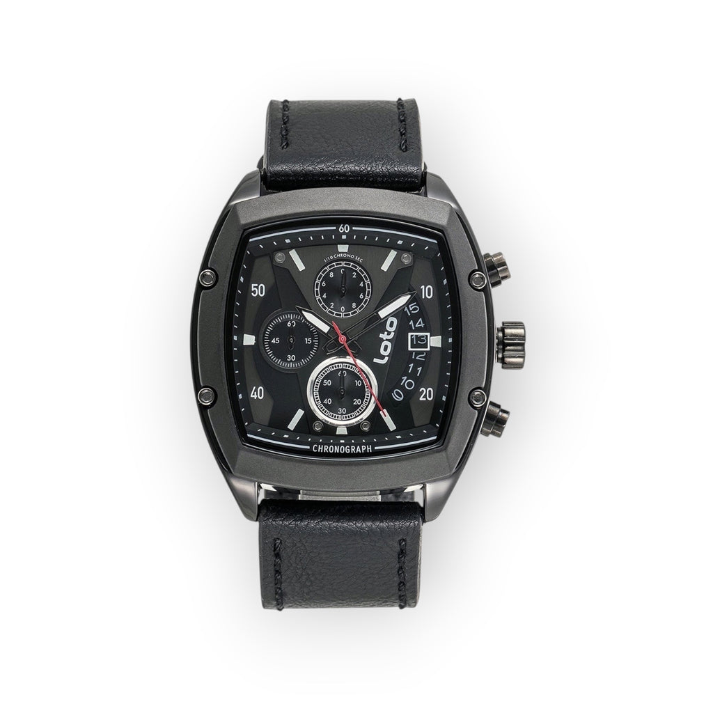 Reloj LOTO COMPANY Loto Apex cronógrafo de cuero negro con caja gris, subesferas y detalles deportivos.