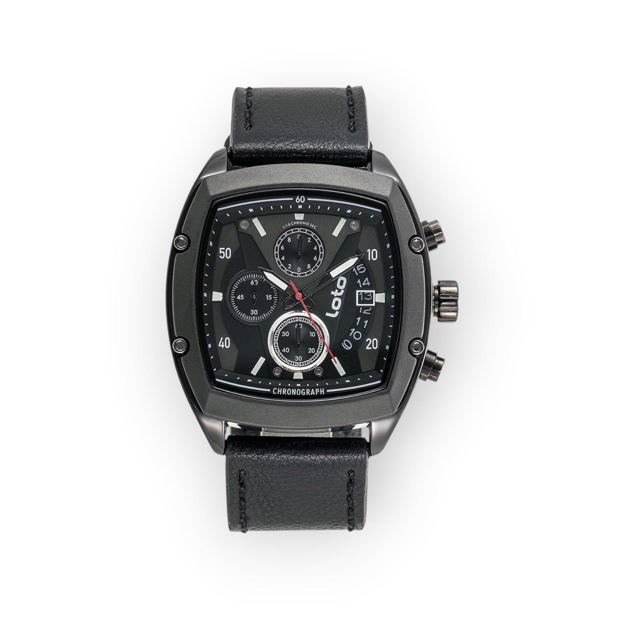 Reloj LOTO COMPANY Loto Apex cronógrafo de cuero negro con caja gris, subesferas y detalles deportivos.