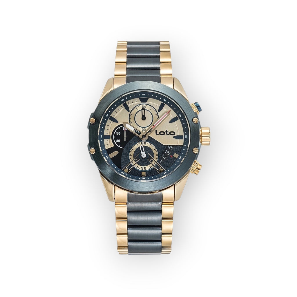 Reloj cronógrafo LOTO COMPANY PHANTOM/2432 con caja y brazalete de acero inoxidable en tono dorado y gris. Esfera con subesferas y detalles deportivos.