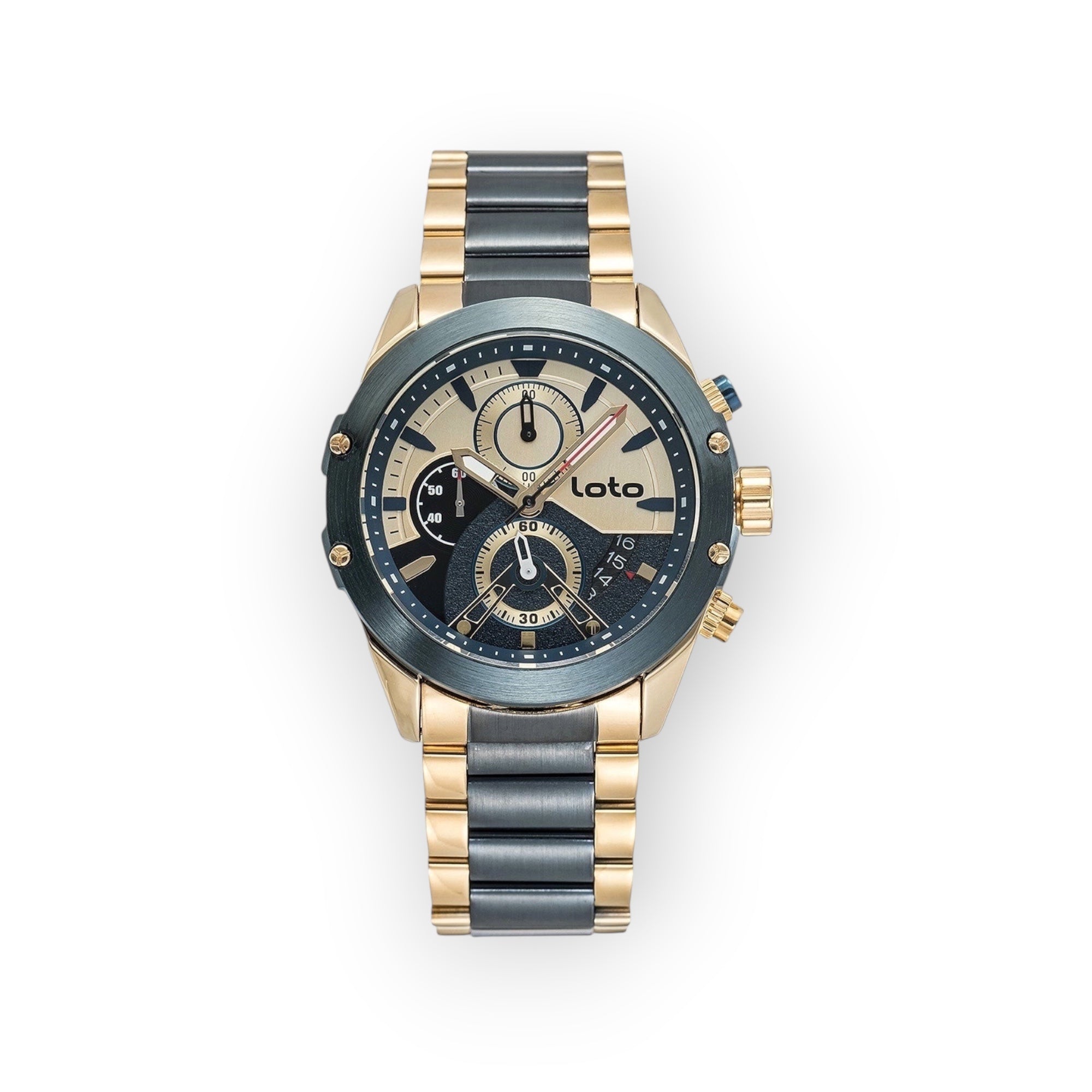 Reloj cronógrafo LOTO COMPANY PHANTOM/2432 con caja y brazalete de acero inoxidable en tono dorado y gris. Esfera con subesferas y detalles deportivos.