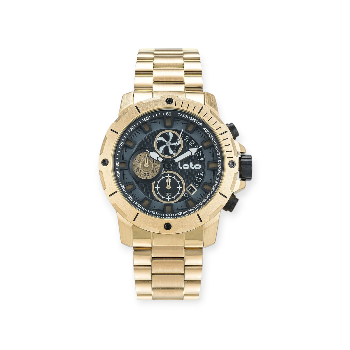 Reloj cronógrafo LOTO COMPANY Nitron 2414 en acero inoxidable dorado con esfera negra y bisel taquimétrico