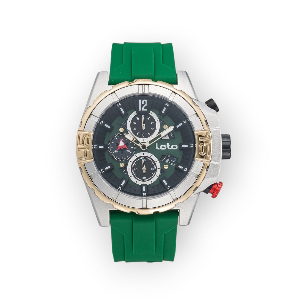 Reloj cronógrafo deportivo LOTO COMPANY ELITE 2528 con esfera verde, caja metálica y correa de silicona verde.