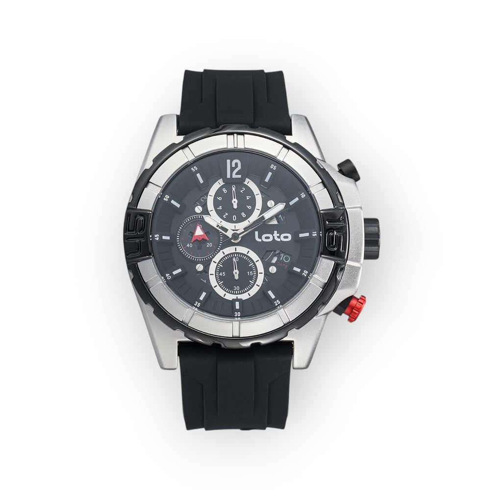 Reloj cronógrafo deportivo LOTO COMPANY ELITE 2528 con caja plateada, esfera negra y correa de silicona negra.