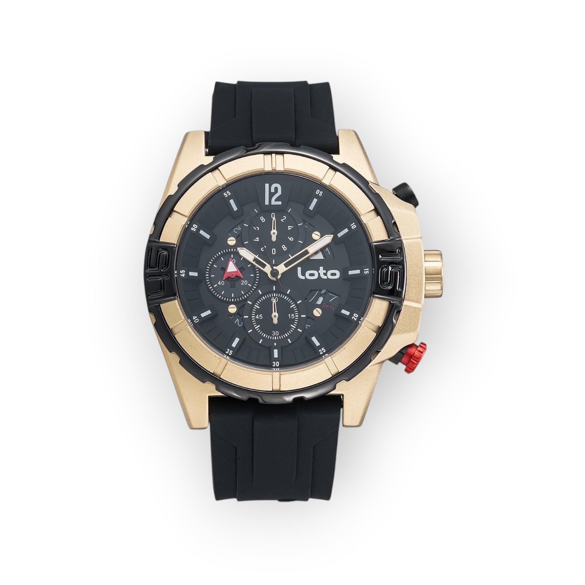 Reloj cronógrafo LOTO COMPANY ELITE 2528 con caja dorada, esfera negra y correa de silicona negra resistente.