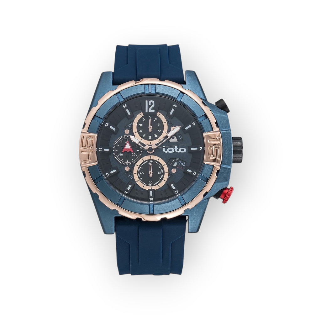Reloj cronógrafo deportivo LOTO COMPANY ELITE 2528 con caja azul, detalles en oro rosa y correa de silicona azul.