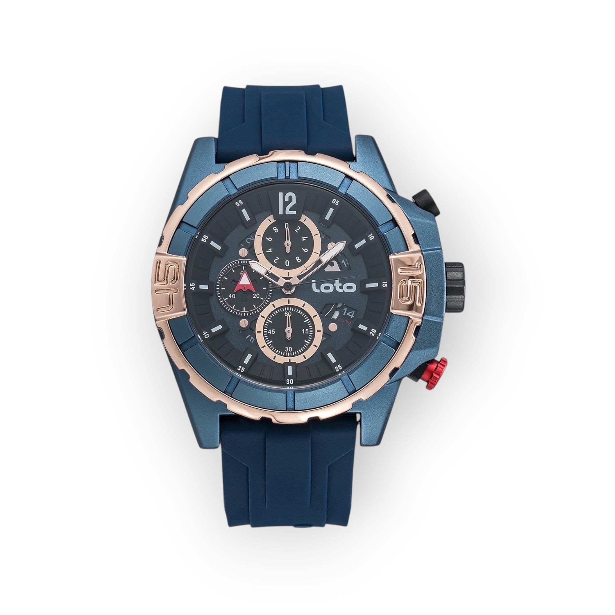 Reloj cronógrafo deportivo LOTO COMPANY ELITE 2528 con caja azul, detalles en oro rosa y correa de silicona azul.