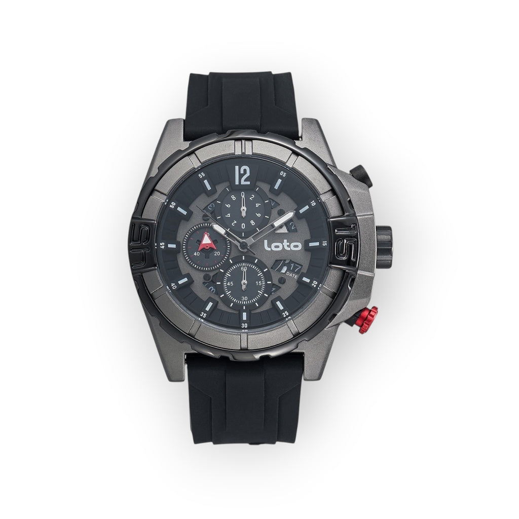 Reloj cronógrafo deportivo LOTO COMPANY ELITE 2528 con caja gris, esfera detallada y correa de silicona negra.