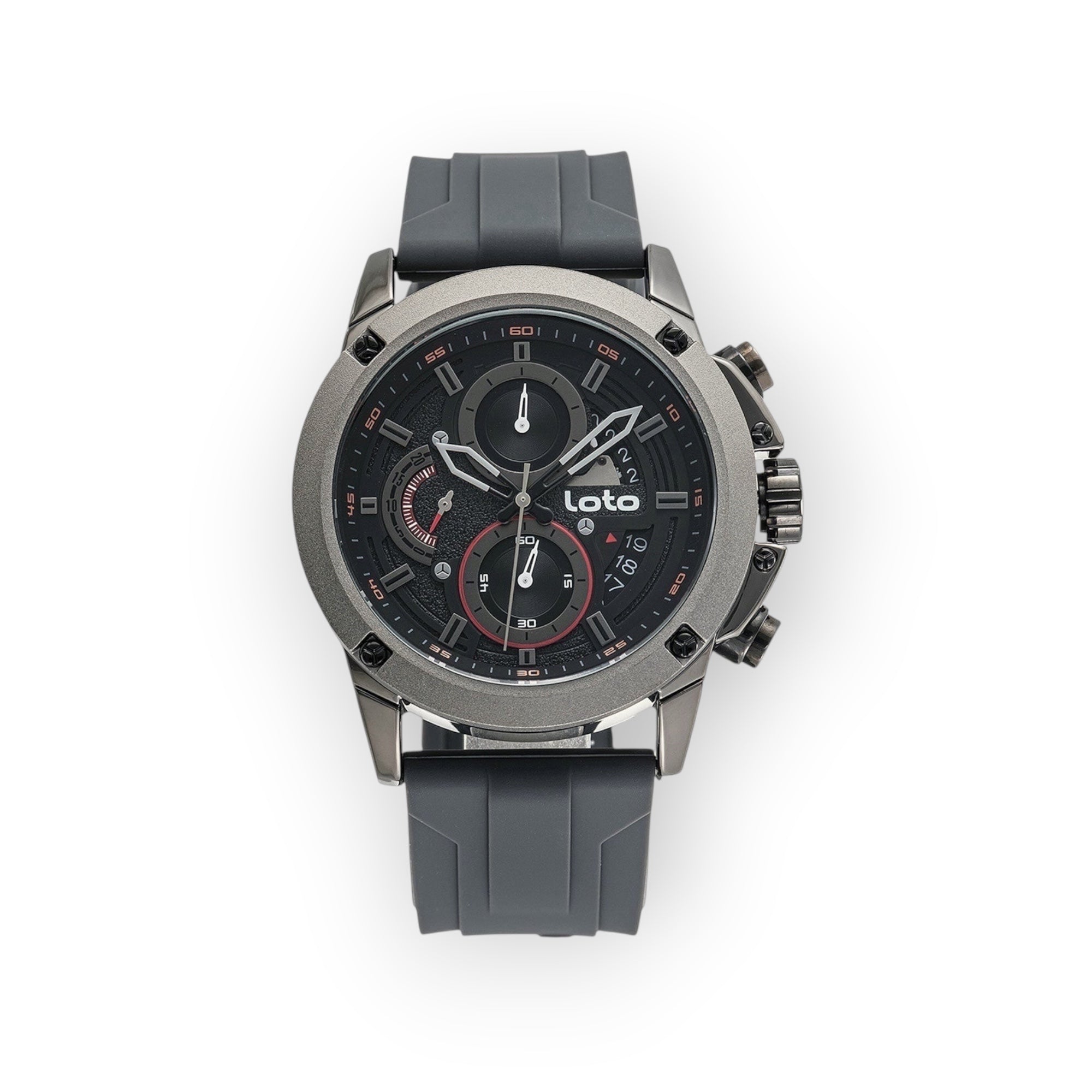 Reloj cronógrafo LOTO COMPANY gris con correa de plástico, esfera negra y detalles rojos. Resistente al agua 3 ATM.