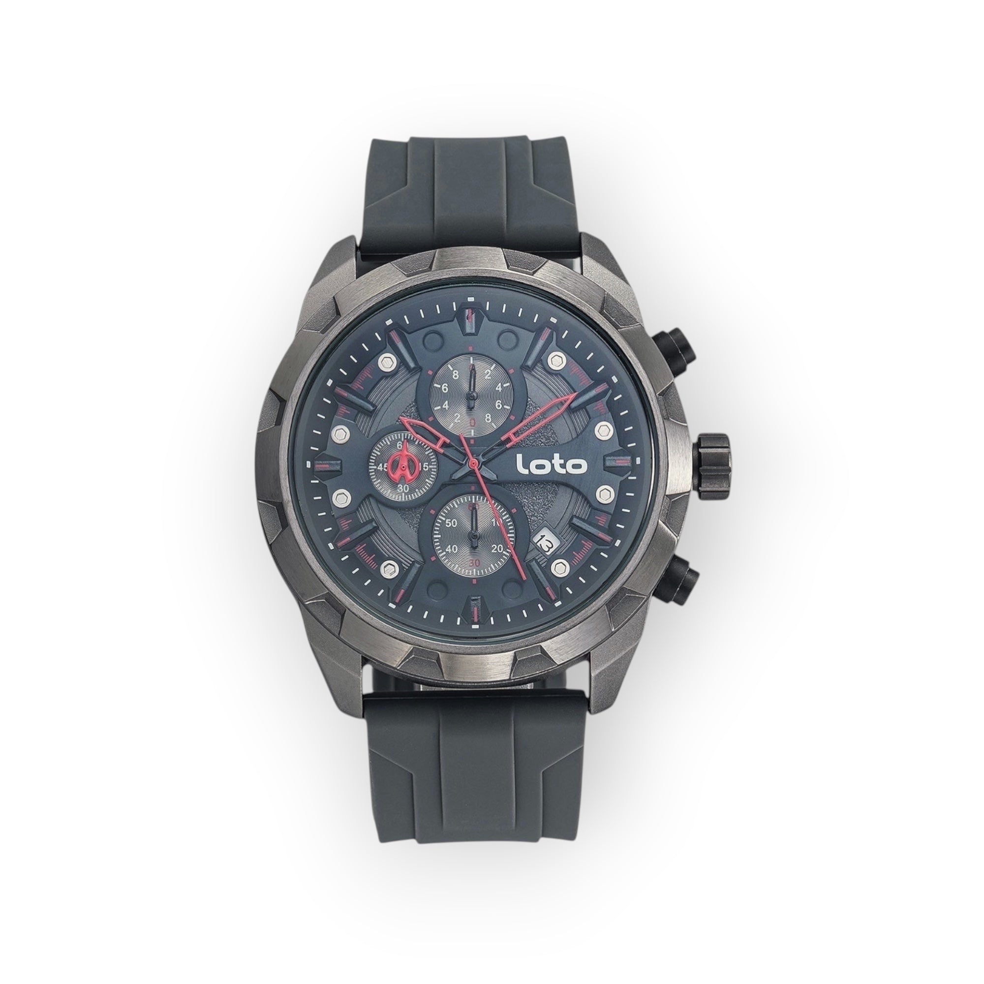 Reloj cronógrafo LOTO COMPANY IMPACT 2539 con caja de acero gris oscuro, correa de silicona y detalles en rojo.