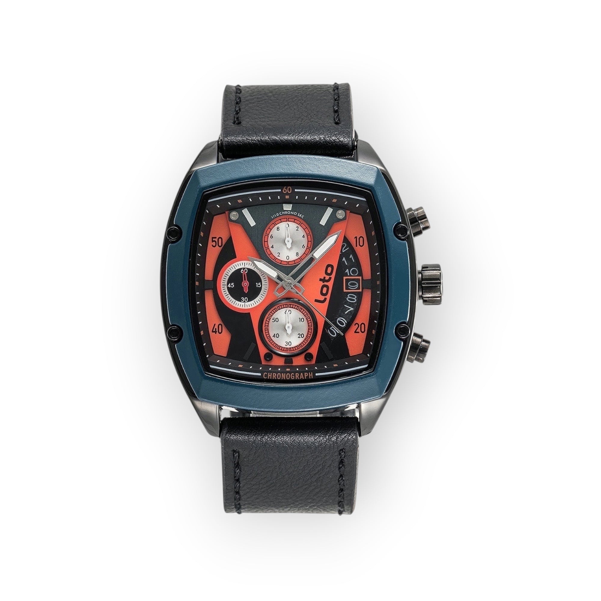 Reloj cronógrafo LOTO COMPANY Loto Apex con correa de cuero negro, caja azul y esfera naranja con detalles plateados.