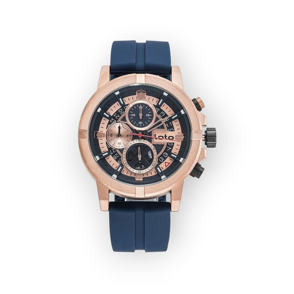 Reloj cronógrafo LOTO COMPANY Luxe 2427 con caja y correa de silicona azul marino, esfera negra y detalles en oro rosa.