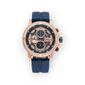Reloj cronógrafo LOTO COMPANY Luxe 2427 con caja y correa de silicona azul marino, esfera negra y detalles en oro rosa.
