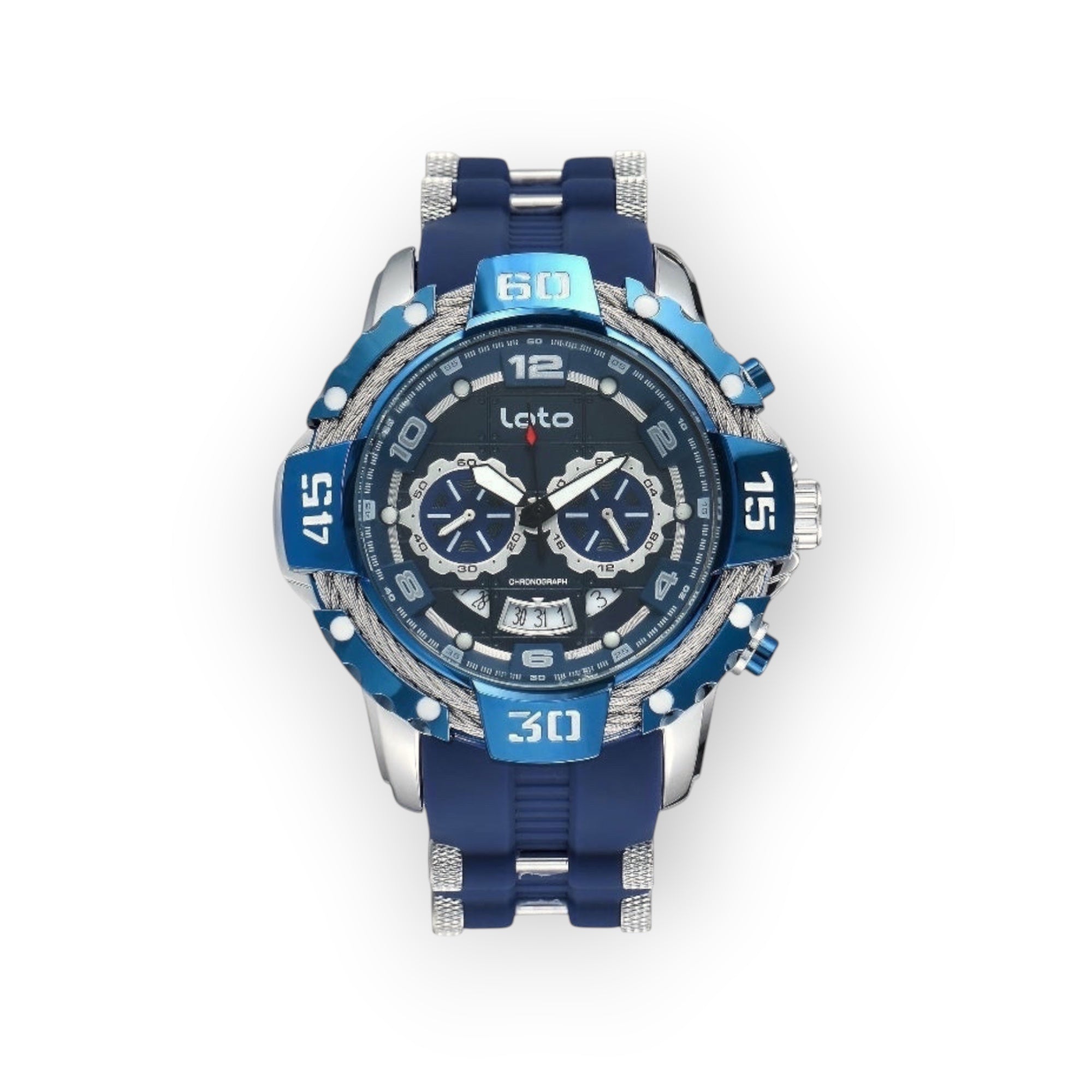 Reloj cronógrafo deportivo LOTO COMPANY Magnum 2544 con correa de silicona azul y detalles metálicos plateados.
