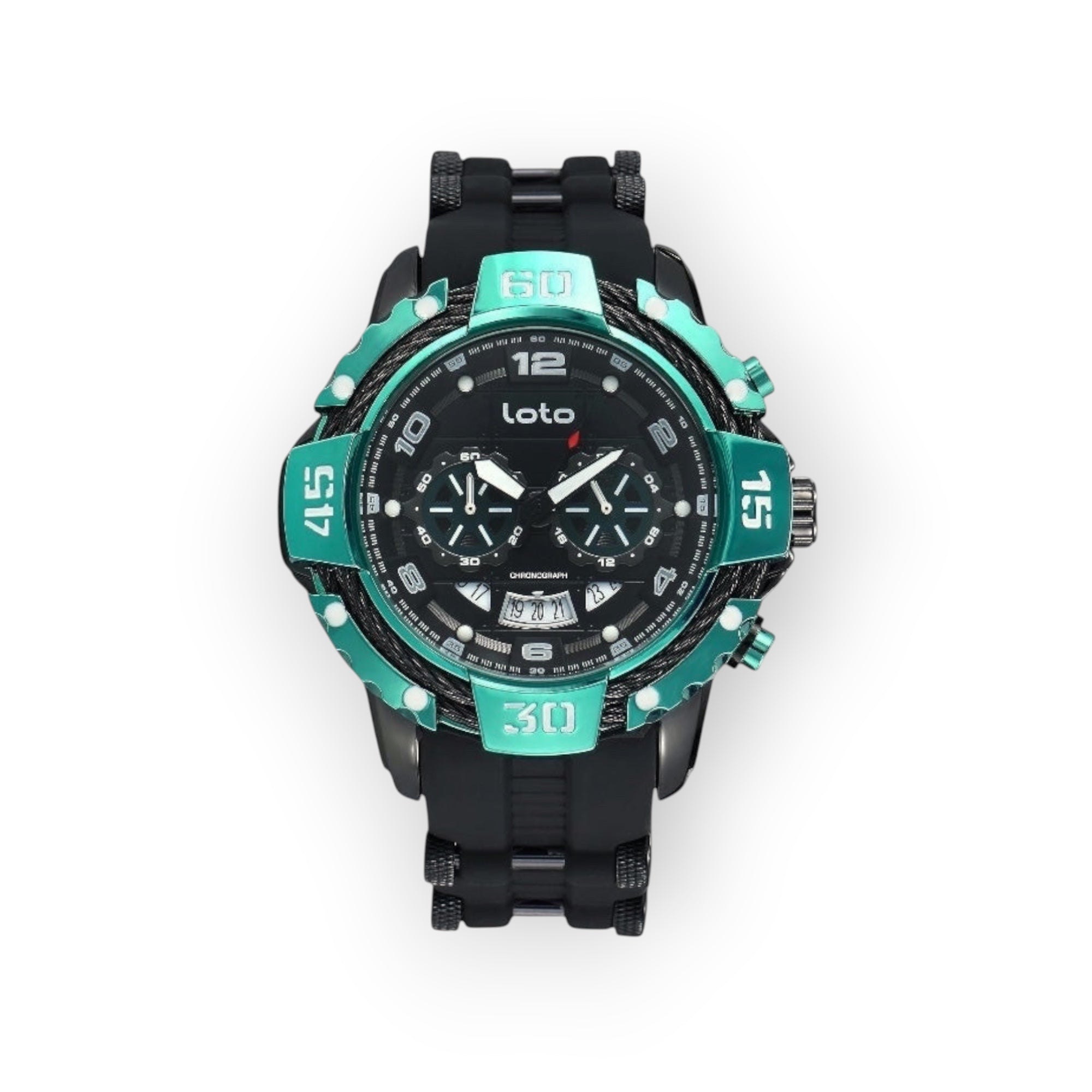 Reloj cronógrafo deportivo LOTO COMPANY Magnum 2544 con caja verde y negra, esfera detallada y correa de silicona.
