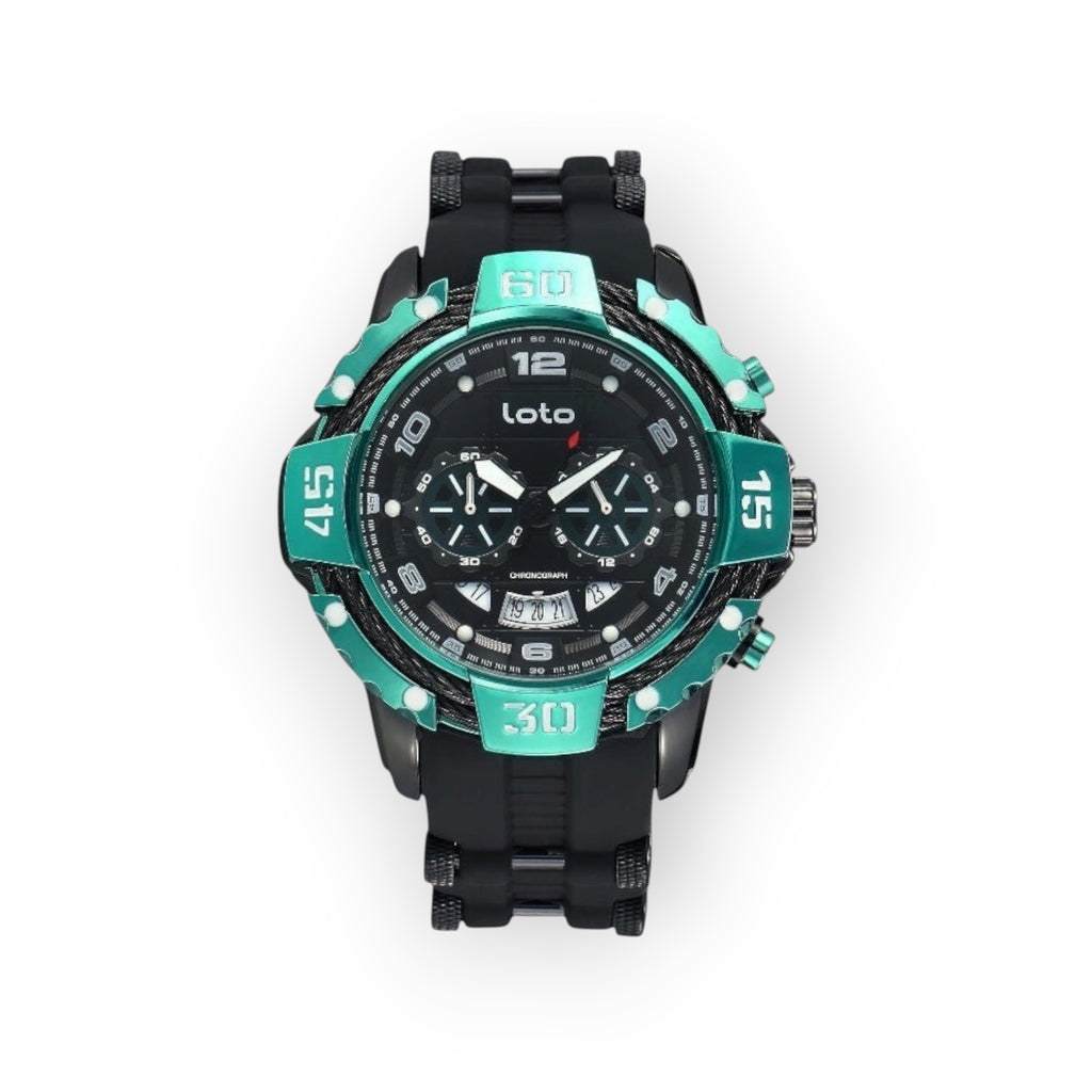 Reloj cronógrafo deportivo LOTO COMPANY Magnum 2544 con caja verde y negra, esfera detallada y correa de silicona.